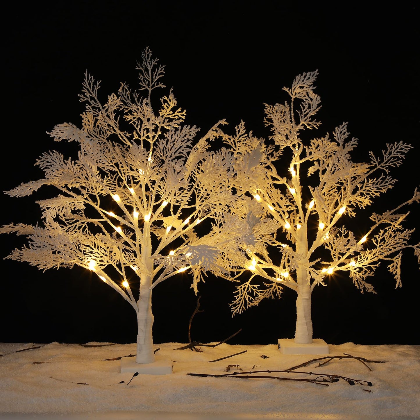 Quzzil 2 Pack Flocked Lights Christmas Tree Tabletop Decoration 24 Inch Artificial Small White Christmas Snow Birch Tree Frost Battery Powered/USB Table Centerpiece for Indoor Mantel Holiday Decor