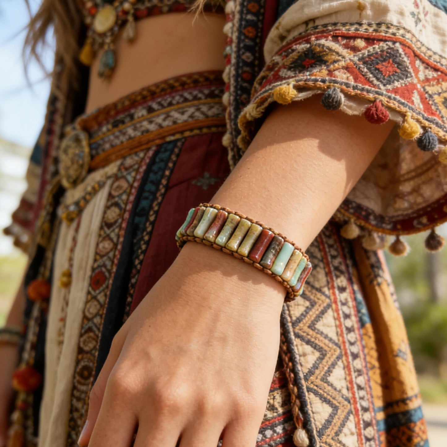 Plumiss Handmade Natural Agalmatolite Stone Bracelet for Men Women - Boho Leather Wristband with Adjustable Drawstring Closure, Unique Earthy Tones Healing Crystal Jewelry for Casual Wear & Gifting