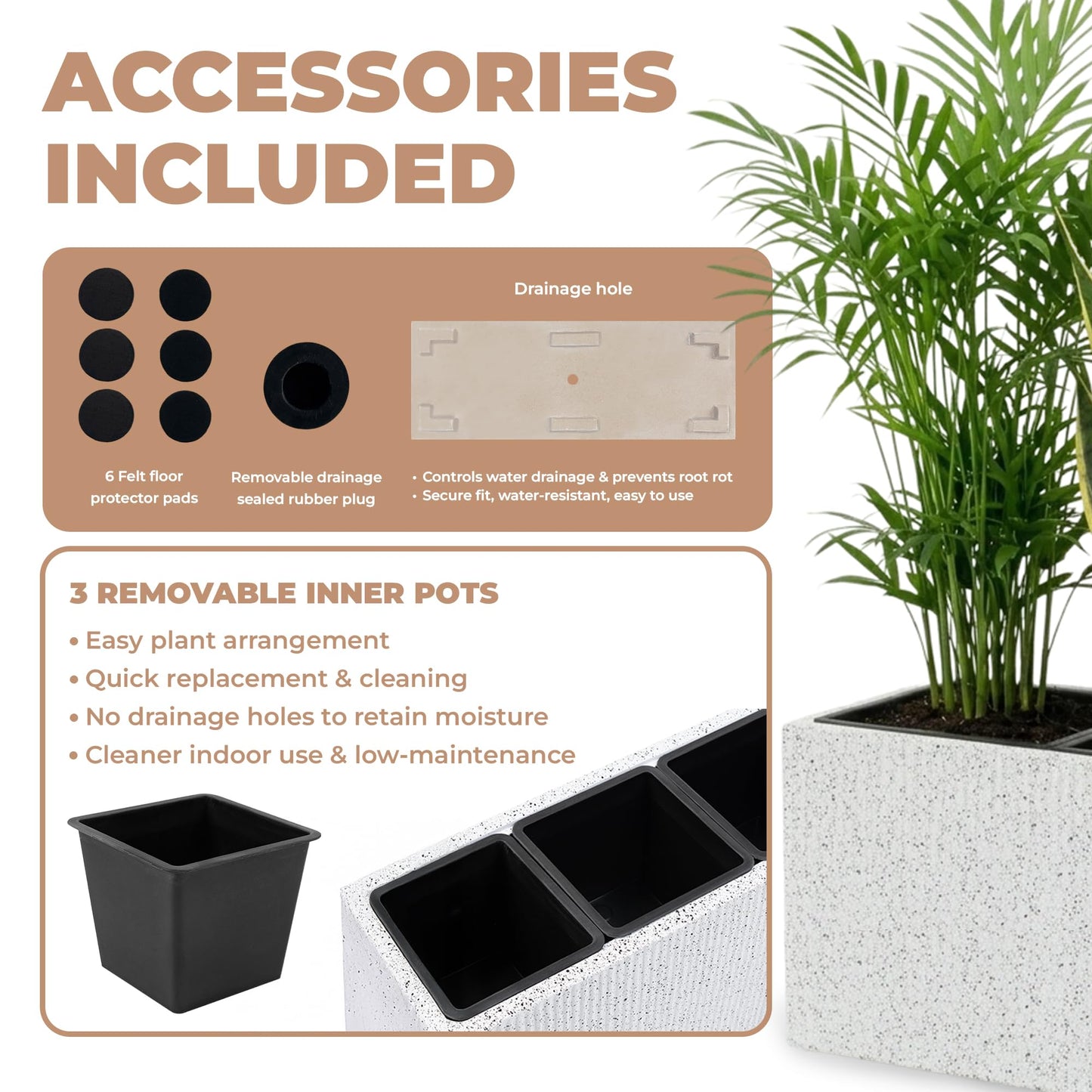 DEPLA LANE Trevano Fiberstone Rectangular Planter (26" L x 9.8" W x 15.7" H) Ribbed Finish, Removable Inner Pots, Lightweight, Durable, UV Resistant, Modern Indoor Outdoor Plant Pot (M, Ribbed White)