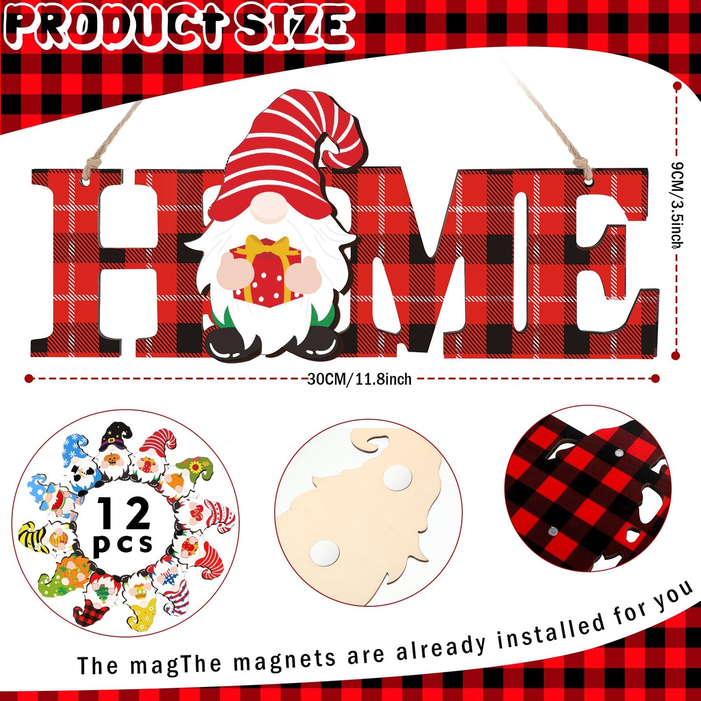 Purpeak 13 Pcs Interchangeable Gnome Home Sign Wooden 3D Christmas Winter Seasonal Door Decor Farmhouse Rustic Home Decoration for Holiday Wall Decor Gift(Red, Black)