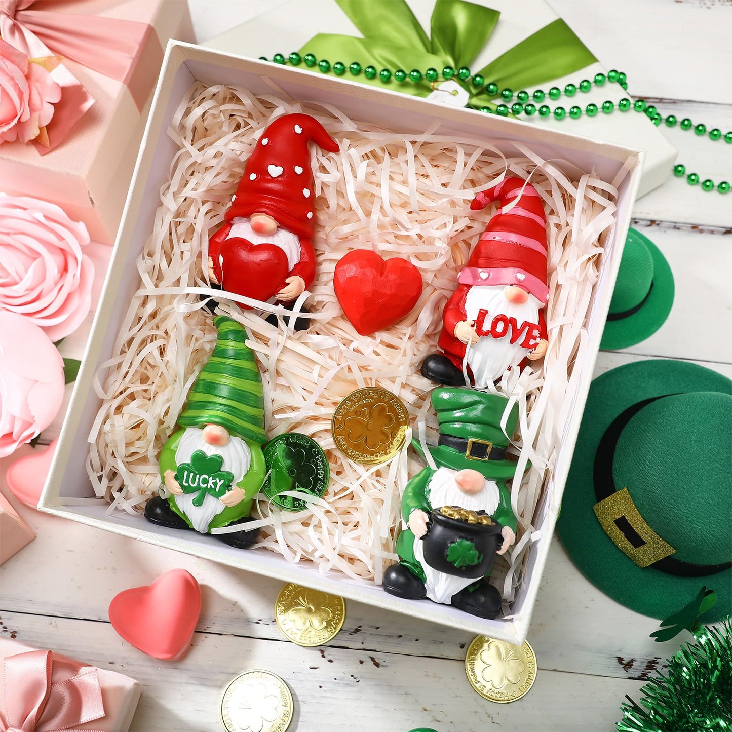 Simgoing 4 Pcs Holiday Gnomes Figurines 2 Valentines 2 St Patrick's Day Gnomes, Resin Love Heart Figurines Lucky Tabletop Decor Holiday Statues Centerpieces for Spring Home Table Tiered Tray