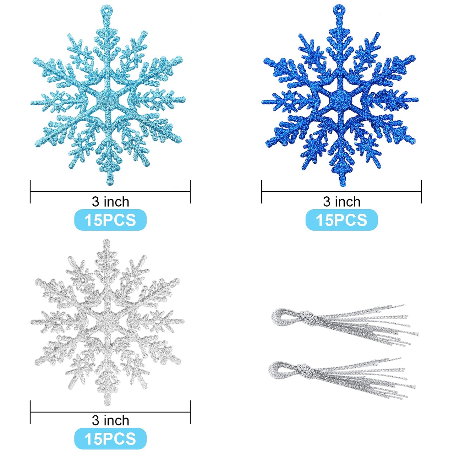 Whaline 45Pcs Winter Snowflake Hanging Ornament mas Glitter Blue Silver Pendant with String for Christmas Tree Winter Wonderland Holiday Party Decor