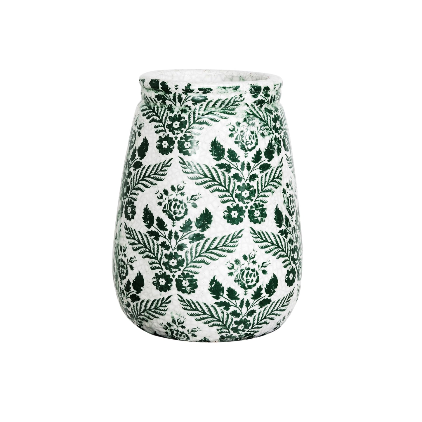 Creative Co-Op Terra-Cotta Planter Vase with Flower Pattern and Crackle Glaze, Green and White