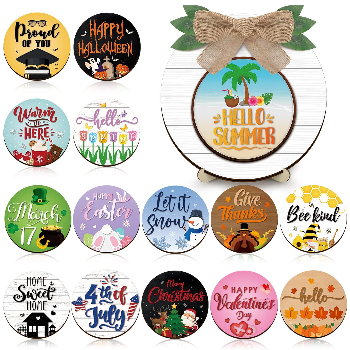 Geetery 17 Pieces Summer Interchangeable Season Sign DIY Holiday Icons Decor with Wooden Easel Round Home Decorative with 15 Seasonal Icons Holiday Sign Set for Tabletop Porch Decoration