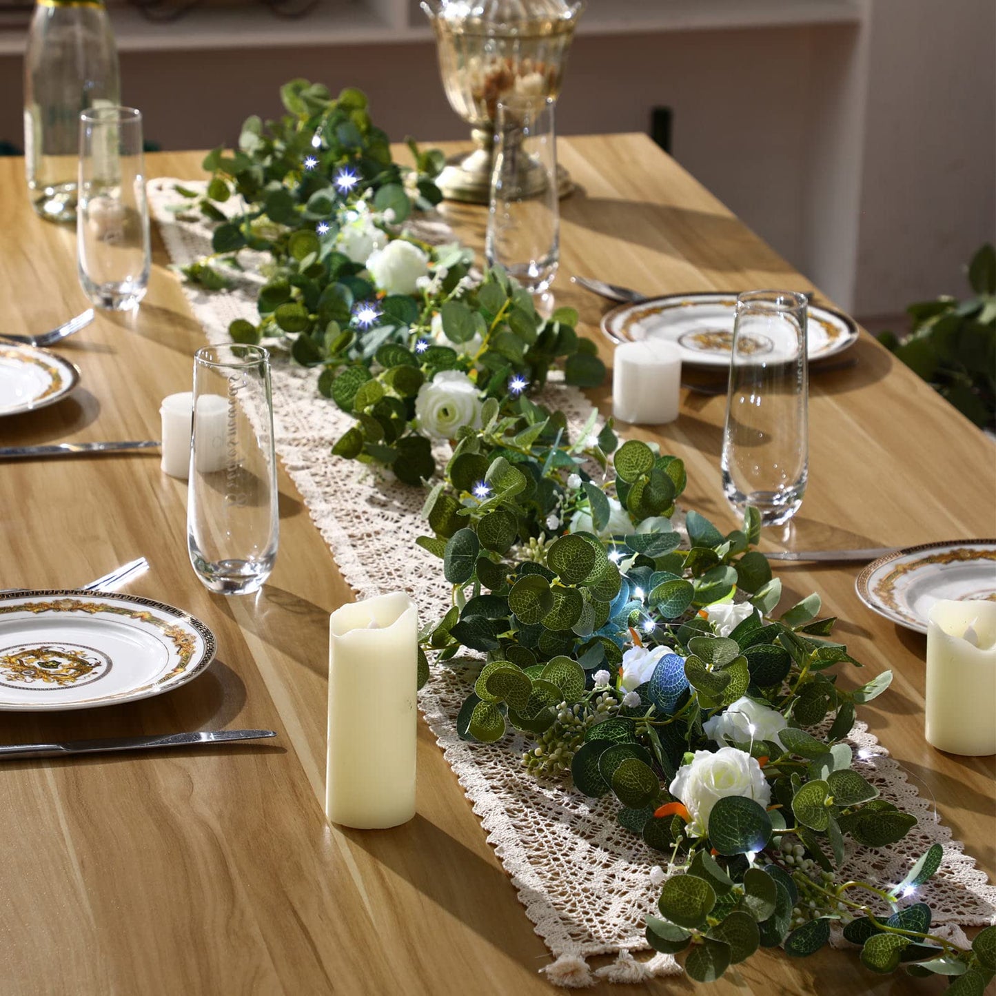 2 Pieces 6.5 ft Eucalyptus Garland with 20 LED Light Bar and Rose Flowers Artificial Eucalyptus Flower Vines for Wedding Arch Party Tables Centerpiece Backdrop Party Decor