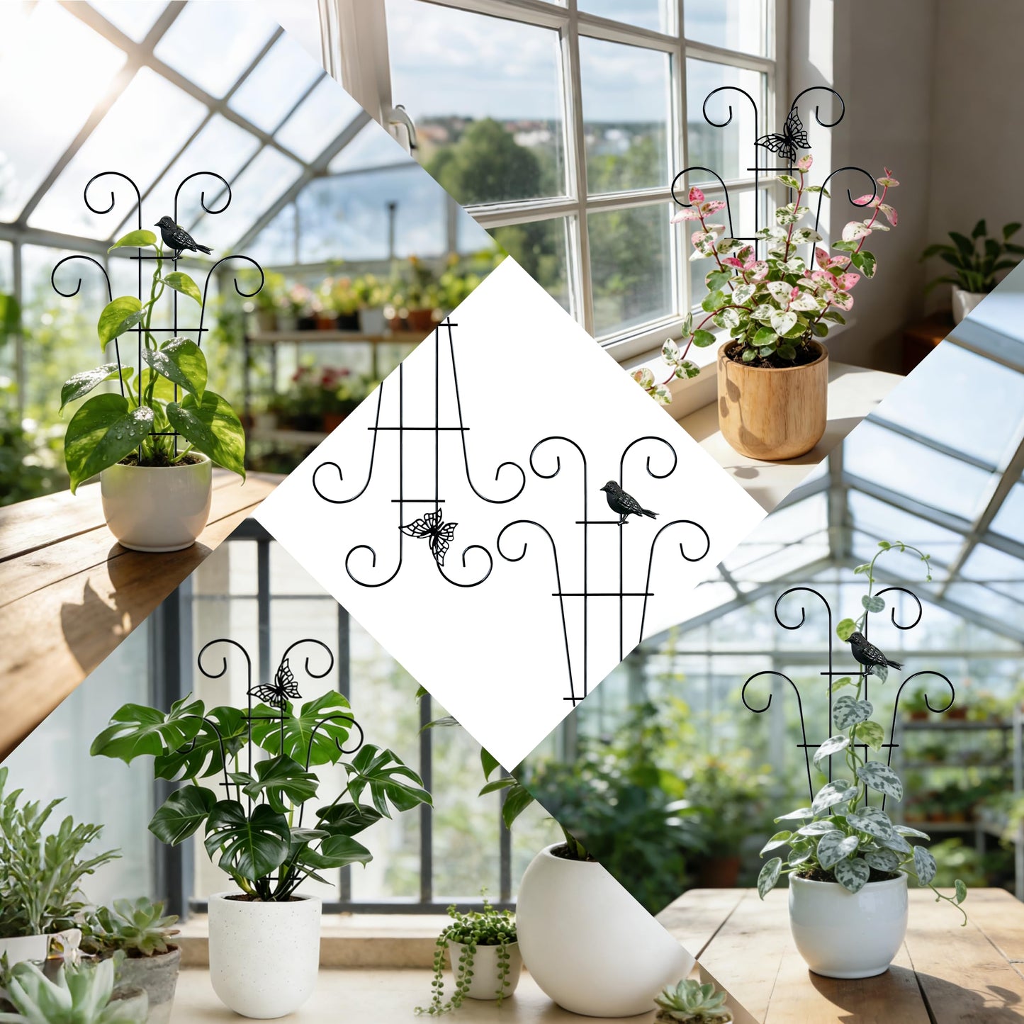 4 Pcs Metal Trellis for Potted Plants Indoor, 14.6 inch Small Garden Trellis with Bird for Climbing Plants Outdoor, Stackable Pothos Plant Climber Support for Hoya Vine Ivy Flower Plant Support