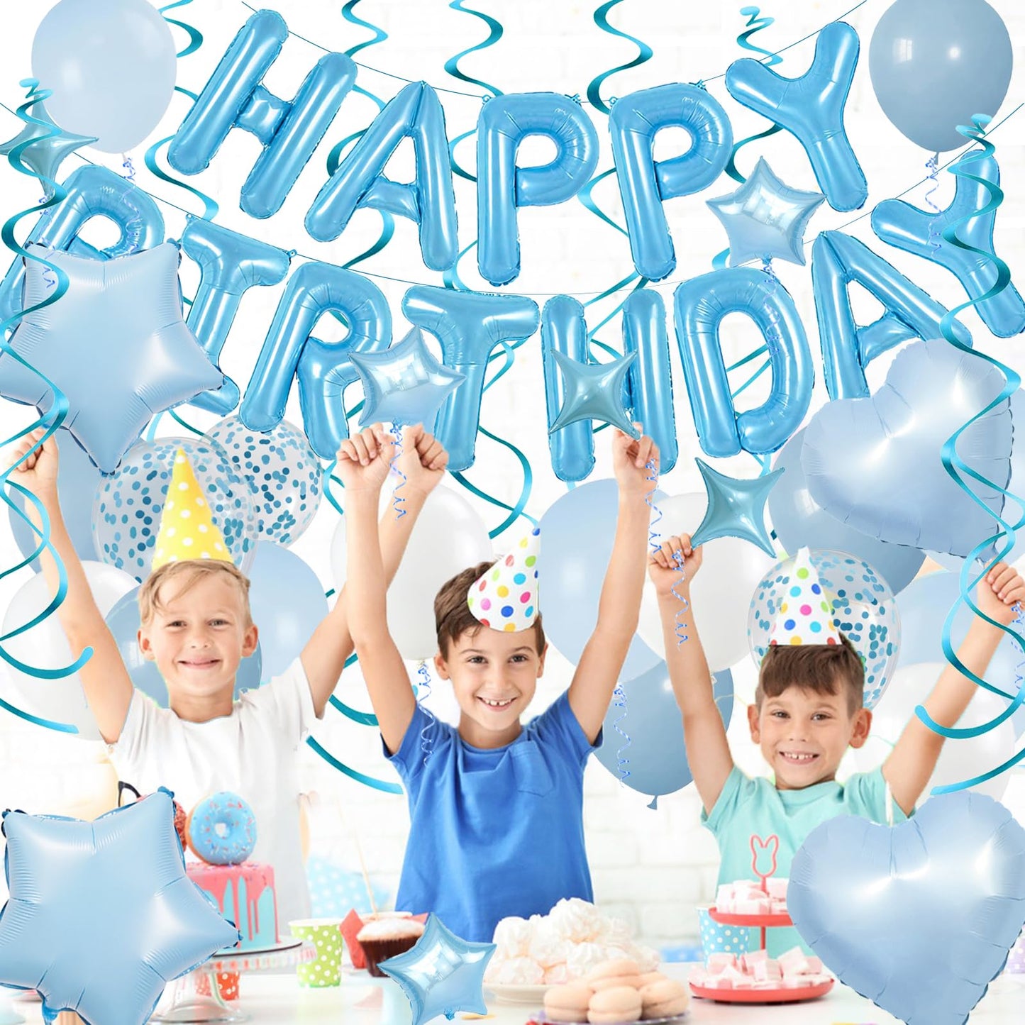 YWWSNSE Blue Birthday Decorations, 3D Foil Light Blue Happy Birthday Balloon Banner with Star and Heart Balloons, Confetti Balloons, Hanging Swirls, for Girls Women Party Decorations