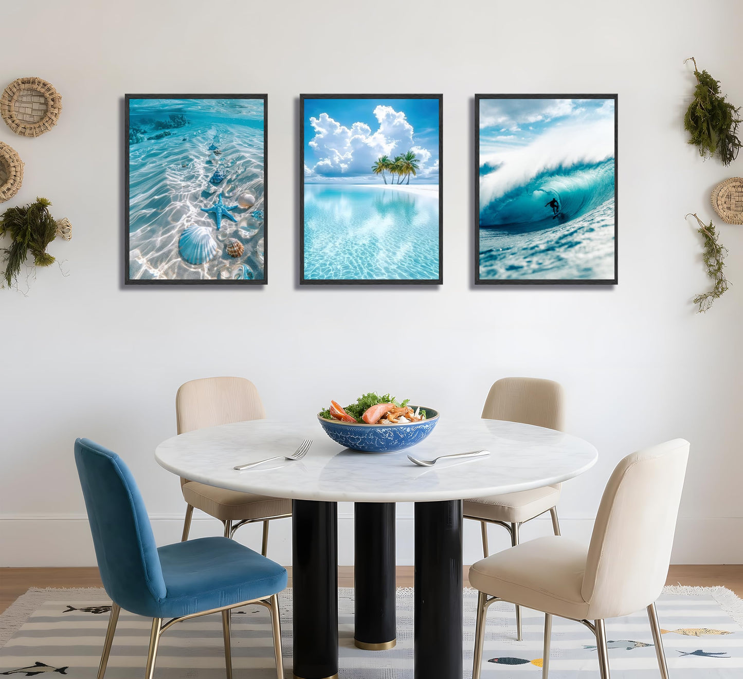 3pcs Blue Ocean Wall Art Featuring Starfish Seashells Waves and Palm Trees Summer Beach-Themed Canvas Paintings Prints Modern Coastal Style Posters Wall Decor suitable for Bathroom living room Decoration (Unframed)