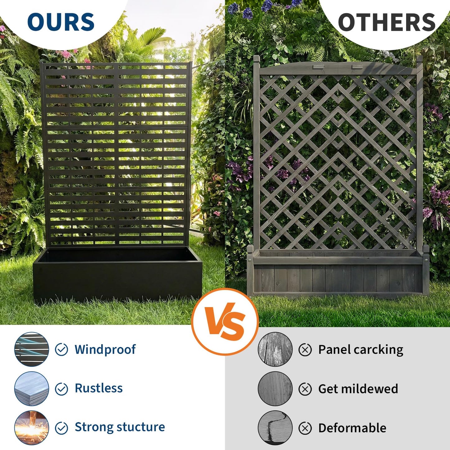 Garvee Metal Planter Box with Trellis, 71.5"x47"x16" Raised Garden Beds with Trellis and Wheels for Climbing Plants Vegetables, Privacy Screen Planter Box with Drainage Holes for Patio Balcony, Black