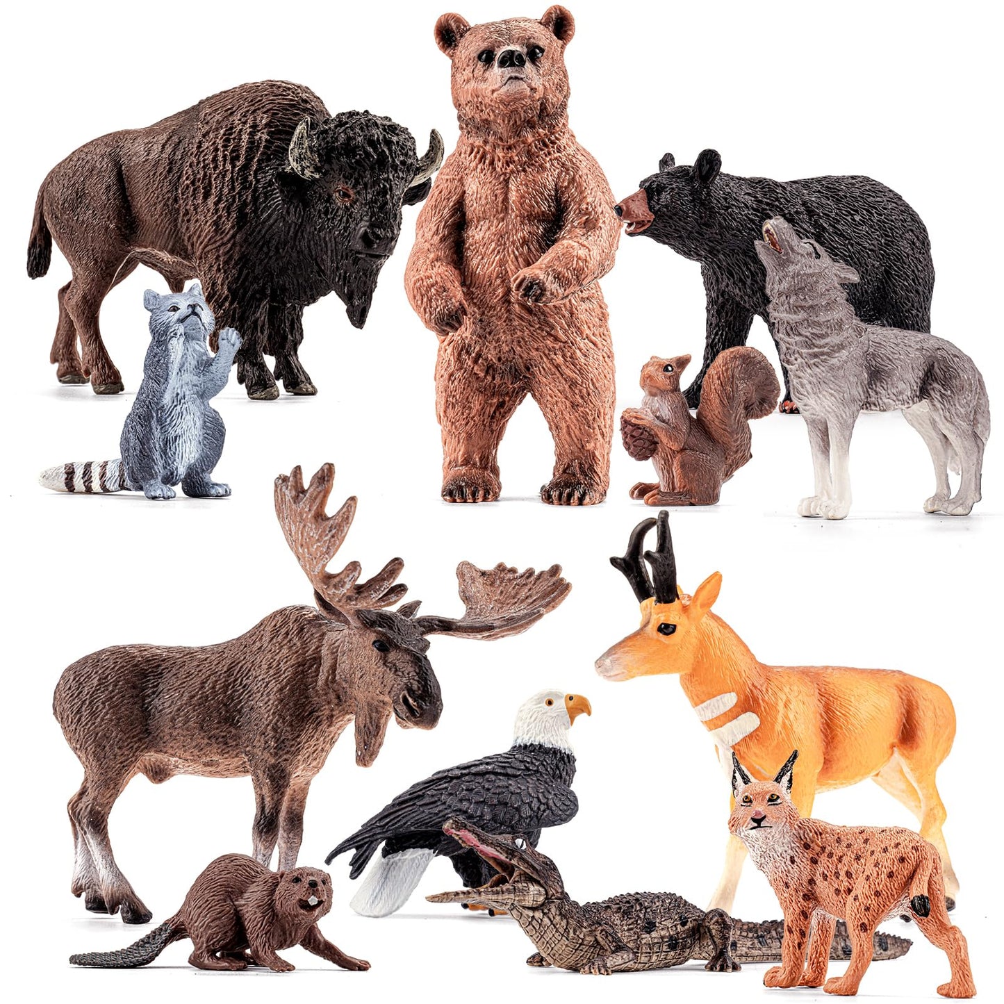 THINKBAY 12PCS Large North American Animal Figurines, Realistic Safari Woodland Jungle Animals Figures Toys Includes Crocodile,Wolf,Bear,Deer, Birthday Gift Party Favors Valentine's Day Gifts for Kids