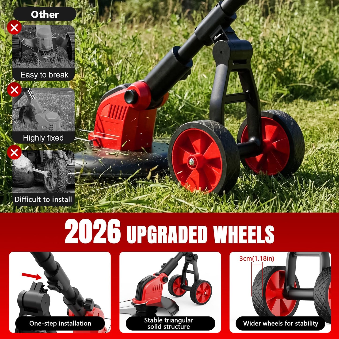 6000mAh Electric Weed Eater Battery Powered,12″ Brushless Electric Weed Wacker Cordless Wheeled String Trimmer,4 in 1 Grass Trimmer/Brush Cutter/Grass Edger/Weed Trimmer 5 Blade, 2 Battery (Red)