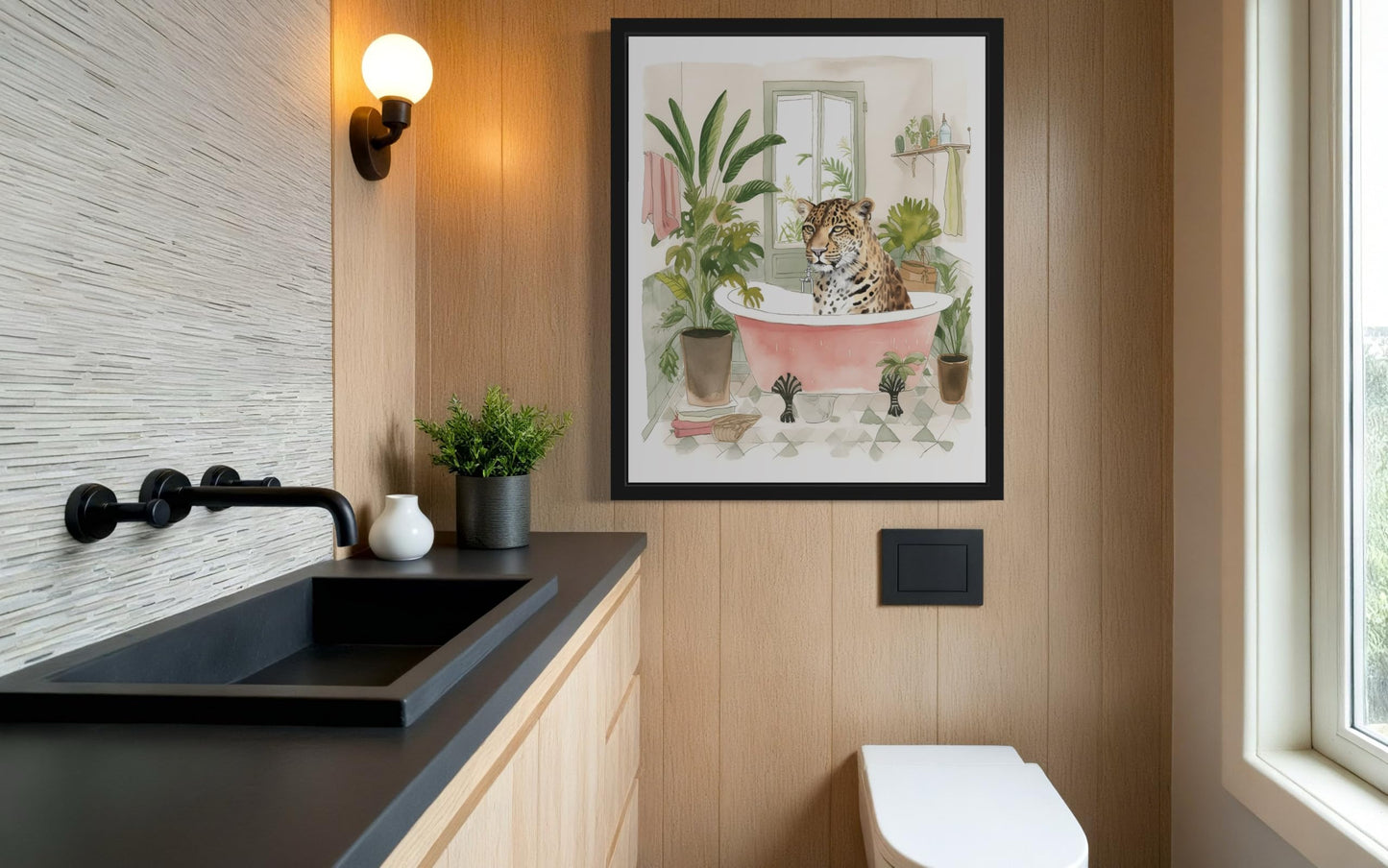 Leopard 1 Wall Art Poster Print, Animal Bathtub Pictures Restroom Wall Art Painting for Bathroom Decor Gallery 49 (Leopard 1, 8 x 10 inches, Black Frame)