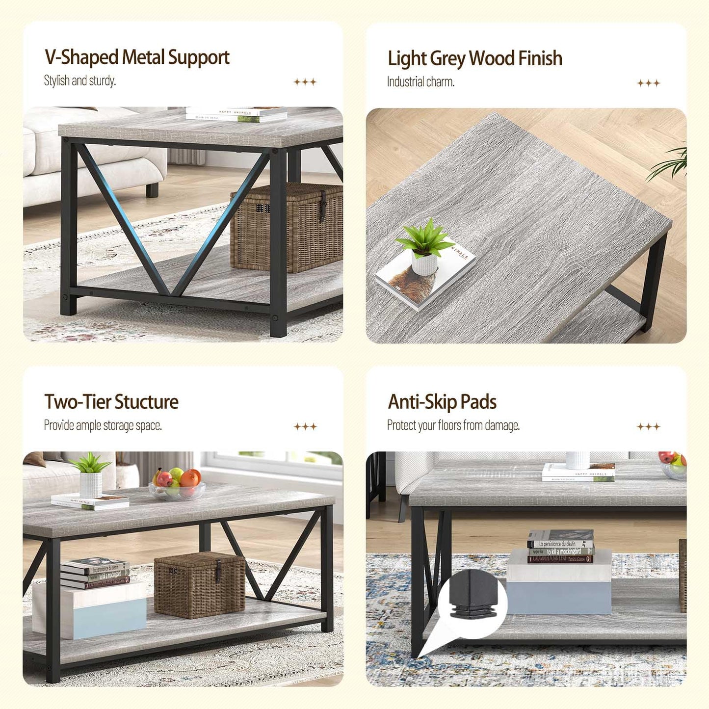FOLUBAN Coffee Table, Modern Rectangle Living Room Table with Storage Shelf, Rustic Wood and Metal Center Table, Light Grey, 47 Inch