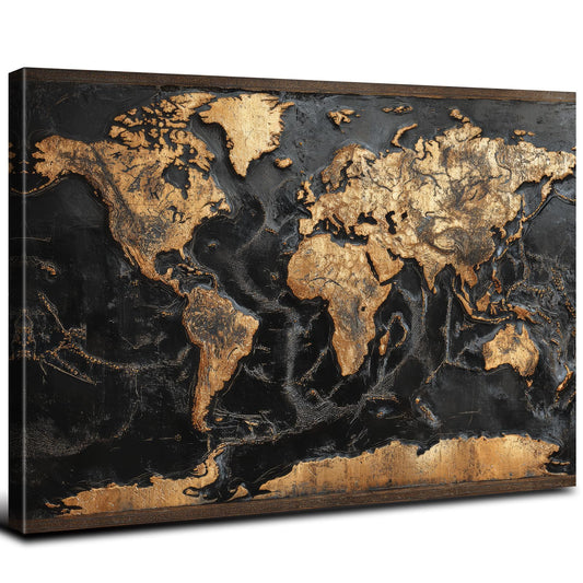World Map Wall Art for Office Black and Gold Wall Decor Vintage Map of The World Picture Abstract Global Maps Canvas Prints Retro Nautical Artwork for Living Room Men Bedroom Home Decoration 12x16"