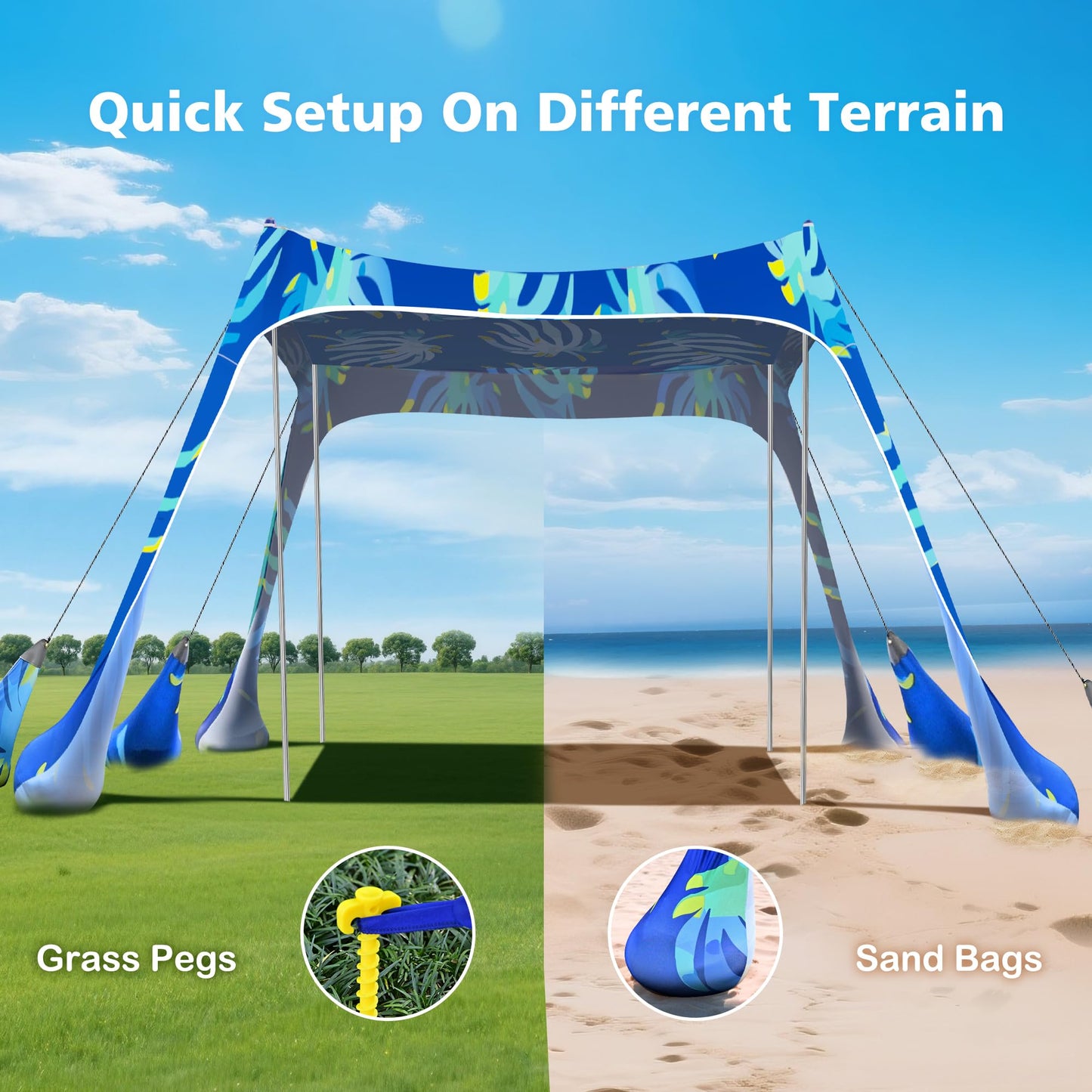 2PM SPORTS Beach Tent Sun Shelter 10x10 FT - UPF 50+ UV Protection, 8 Sandbags, Easy Setup, Portable Beach Shade Canopy for Family Picnic Camping Travel