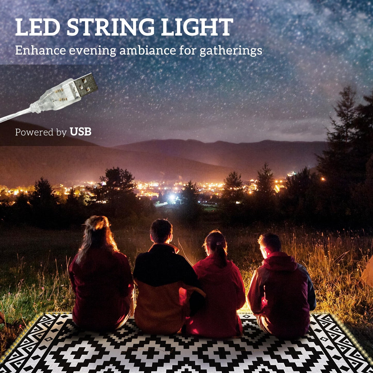 Outsunny Reversible Outdoor Rug Carpet, 12' x 9' Waterproof PP Plastic Straw Rug, Portable RV Camping Mat with LED String Lights, Floor Mat Area, Black and White