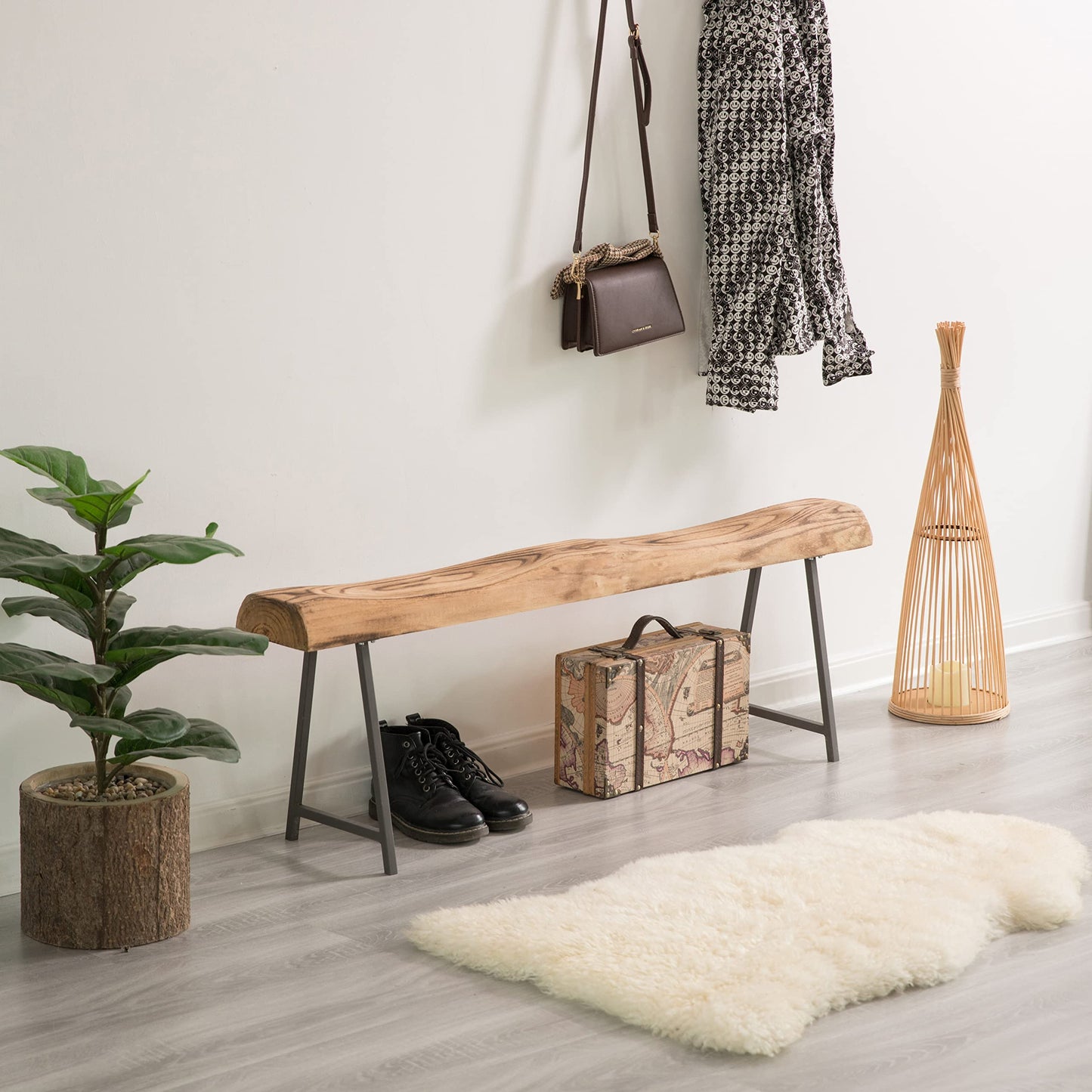 Vintiquewise Rustic Carved Wood Natural Log Accent Bench for Entryway, Indoor and Outdoor
