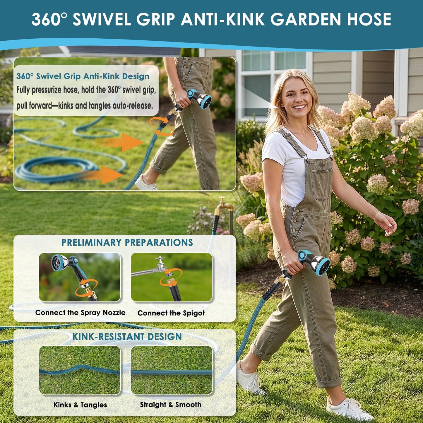 FlexiSolve NON-EXPANDABLE Garden Hose 100 ft, Ultra Lightweight Flexible Water Hose with 10-Pattern Nozzle & Shut-Off Valve, Holder, Leakproof & Kink-Resistant Reinforced Fittings for Yard Outdoor