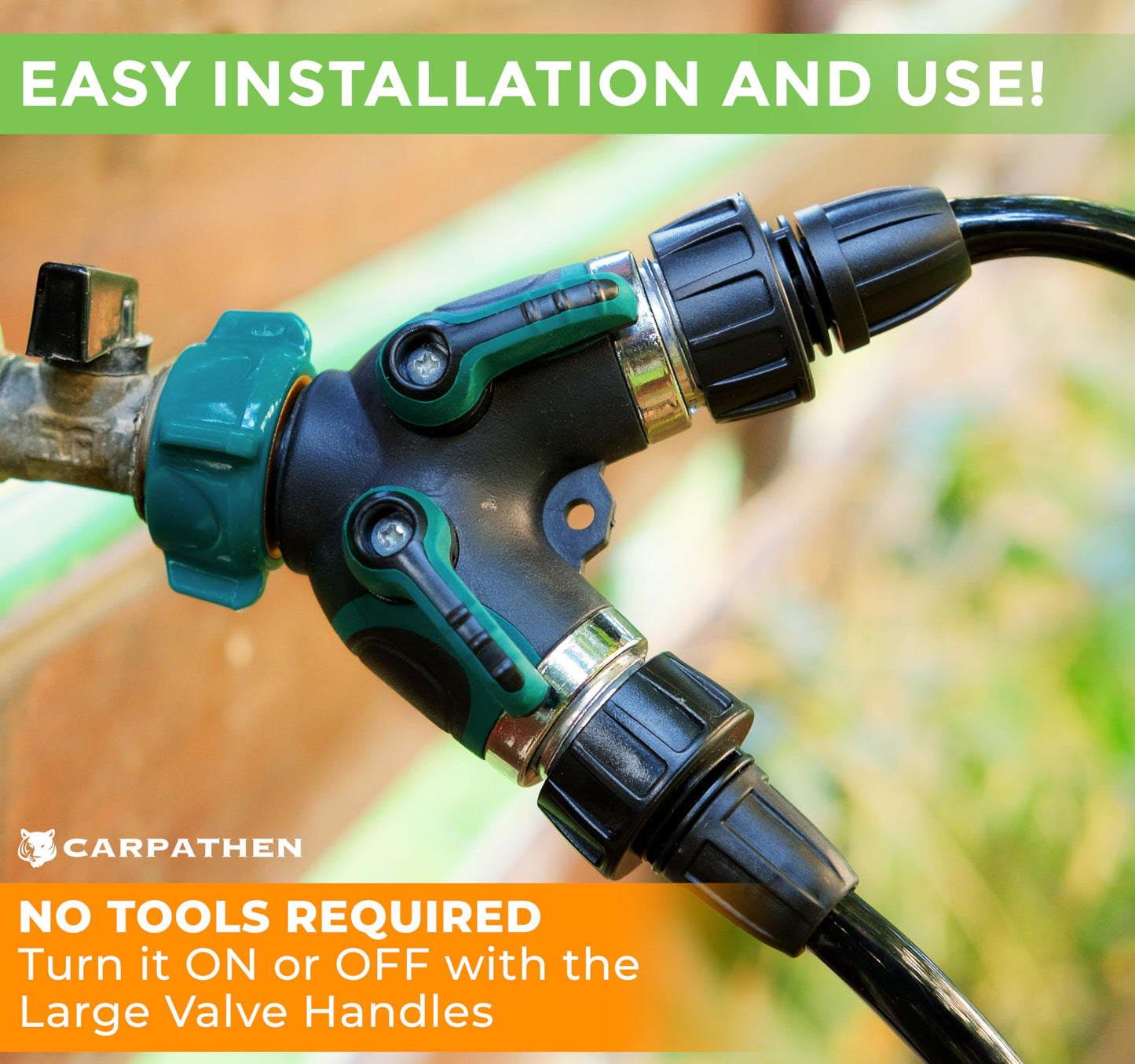 CARPATHEN Garden Hose Splitter 2Way - Heavy Duty Metal Body Durable 3/4" US Standard Garden Hose Splitter - Large Rubberized On/Off Levers - For Garden, Washing Machines, Indoor or Outdoor Faucets