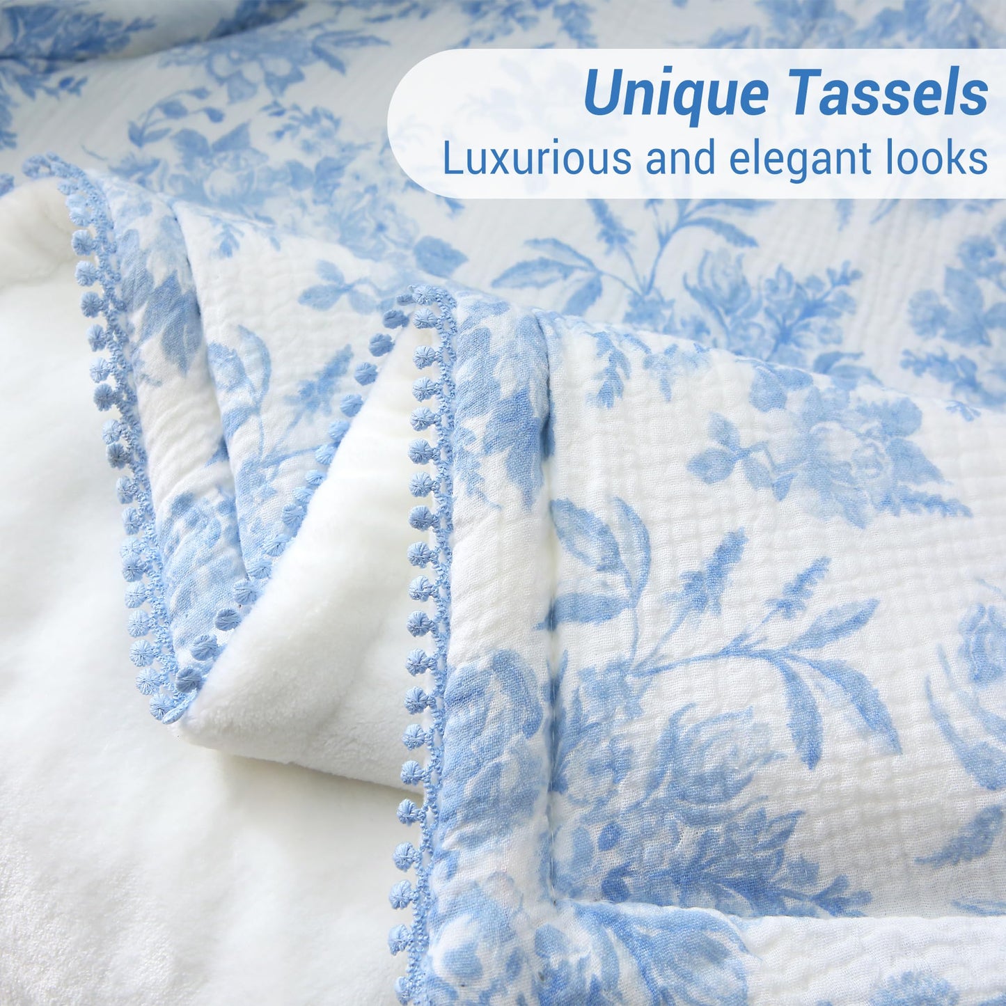 Viviland Fleece Throw Blanket Reversible Muslin Blankets, Soft Throw Blanket for Couch and Bed, Breathable Quilt Bedspread, Gauze Bedding for Adults, Large 50x70 inch, Blue Nerrah