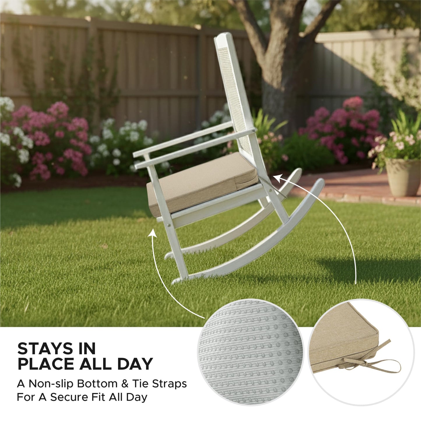 Fitfree Outdoor Chair Cushions, Water-Resistant & Fade-Resistant, Patio Furniture Square Seat Replacement Chair Pads with Ties, Removable Cover, Non-Slip Bottom, Set of 4, 19 x 19 Inch, Natural