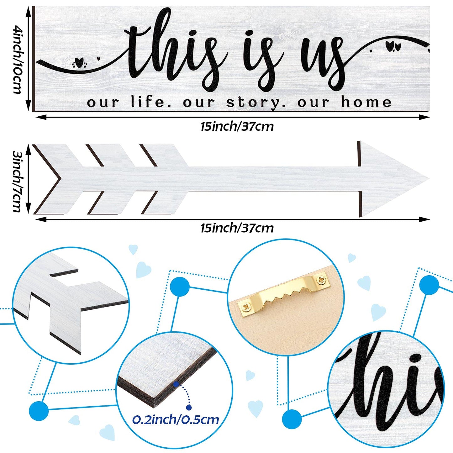 Jetec 4 Pcs Wooden Arrow Wall Decor This Is Us Our Life Rustic Family Signs for Home Wall Decor Home Wooden Hanging Sign for Farmhouse Living Room, 15 x 4 x 0.2 Inch(White)
