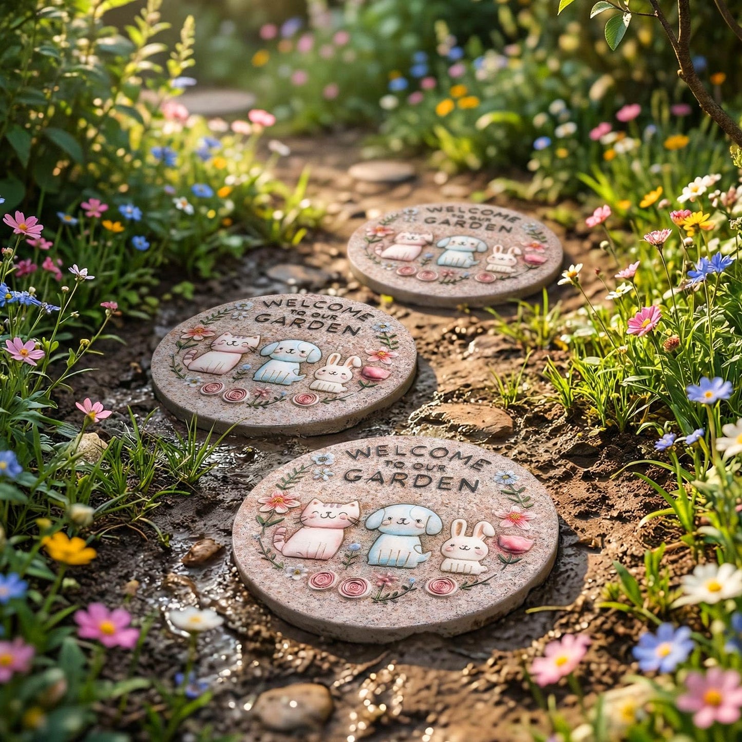 Bechivie Garden Stepping Stones Outdoor, 9.8" Resin Pet Cat Dog Bunny Stepping Stone for Walkway Gardening Gifts, Spring Decorative Round Welcome to Our Garden Home Decor for Outside Yard Patio Lawn