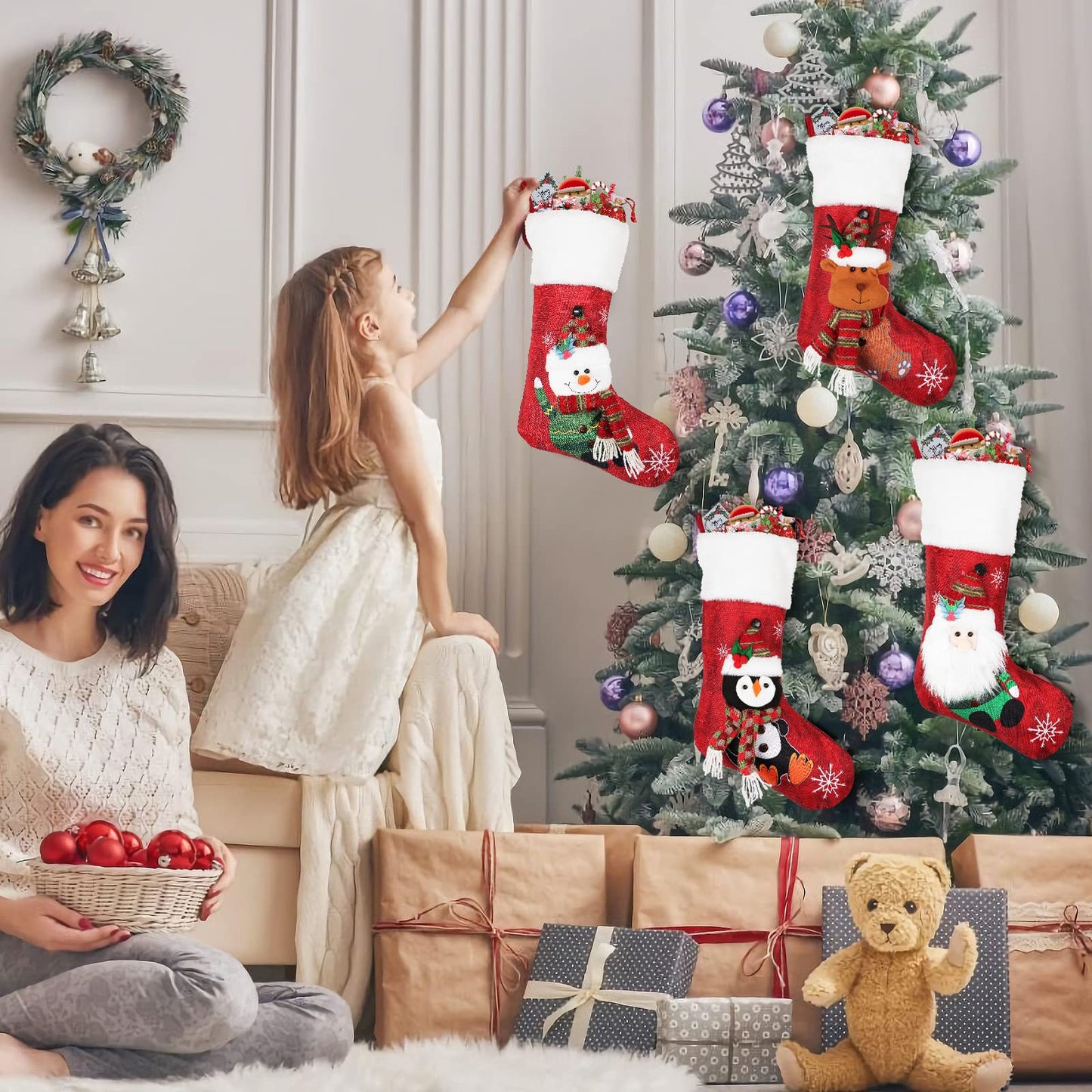 COOLWUFAN Christmas Stockings 4 Pack, 19'' Xmas Stockings with Snowflake Santa Snowman Reindeer Penguin and Plush Faux Fur Cuff Stockings for Stairs Fireplace Hanging Xmas Home Decor