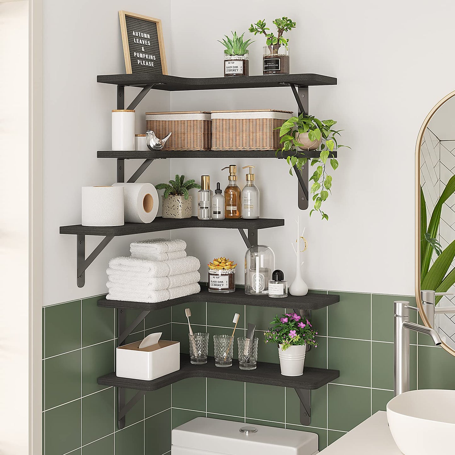 Fixwal Corner Shelves Floating Shelves for Wall Bathroom Kitchen Bedroom Home Decor Laundry Room Living Room Set of 5 (Black)
