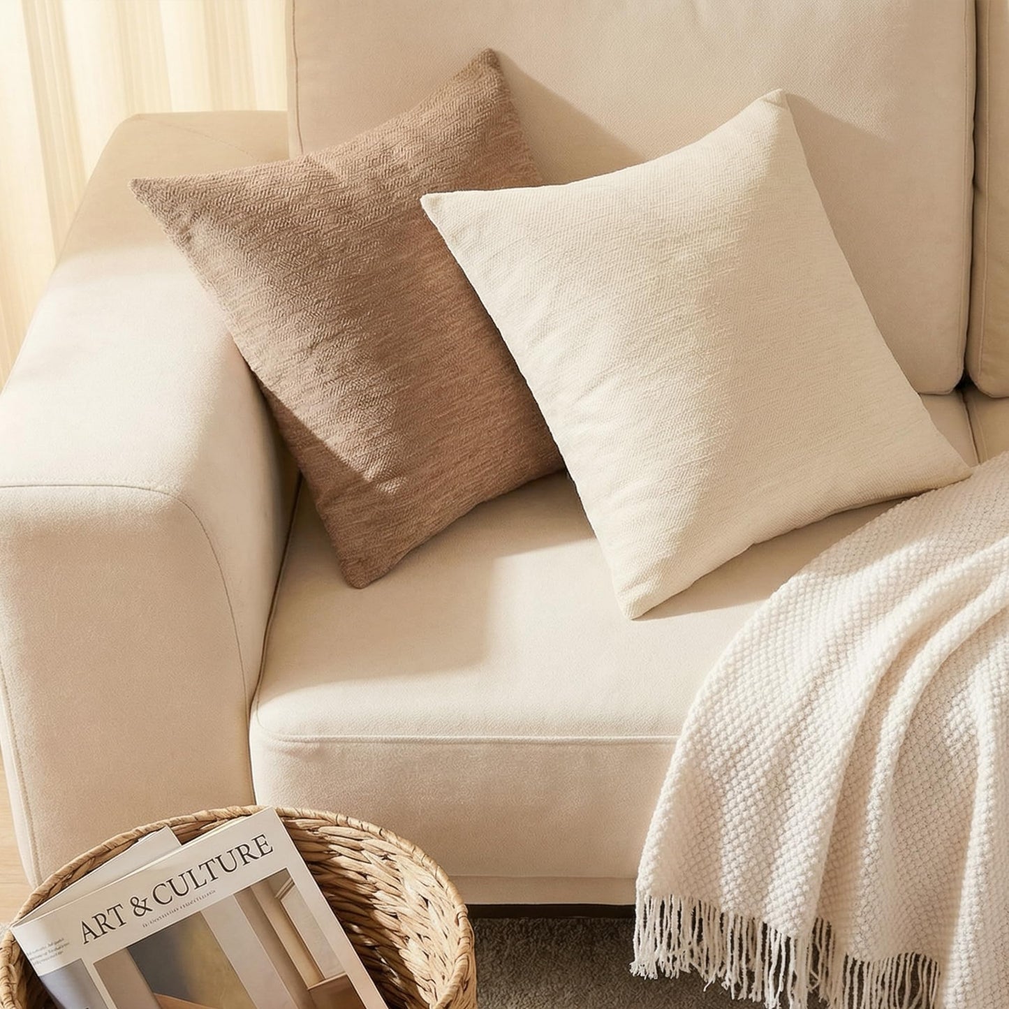 Set of 4 Neutral Throw Pillow Covers 18x18 Inch, Neutral Boho Farmhouse Aesthetic Decorative Pillow Cases for Couch, Sofa, Living Room & Bed, Soft Chenille Pillow Cases, Stylish Home Decor, 45x45 cm