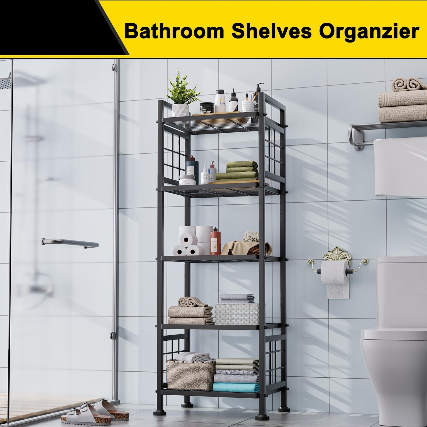 GIOTORENT 5-Wire Standing Book Shelf & Bookcase, Metal Storage Shelving Unit Pantry Rack for Laundry Kitchen Bathroom Organizer, Black