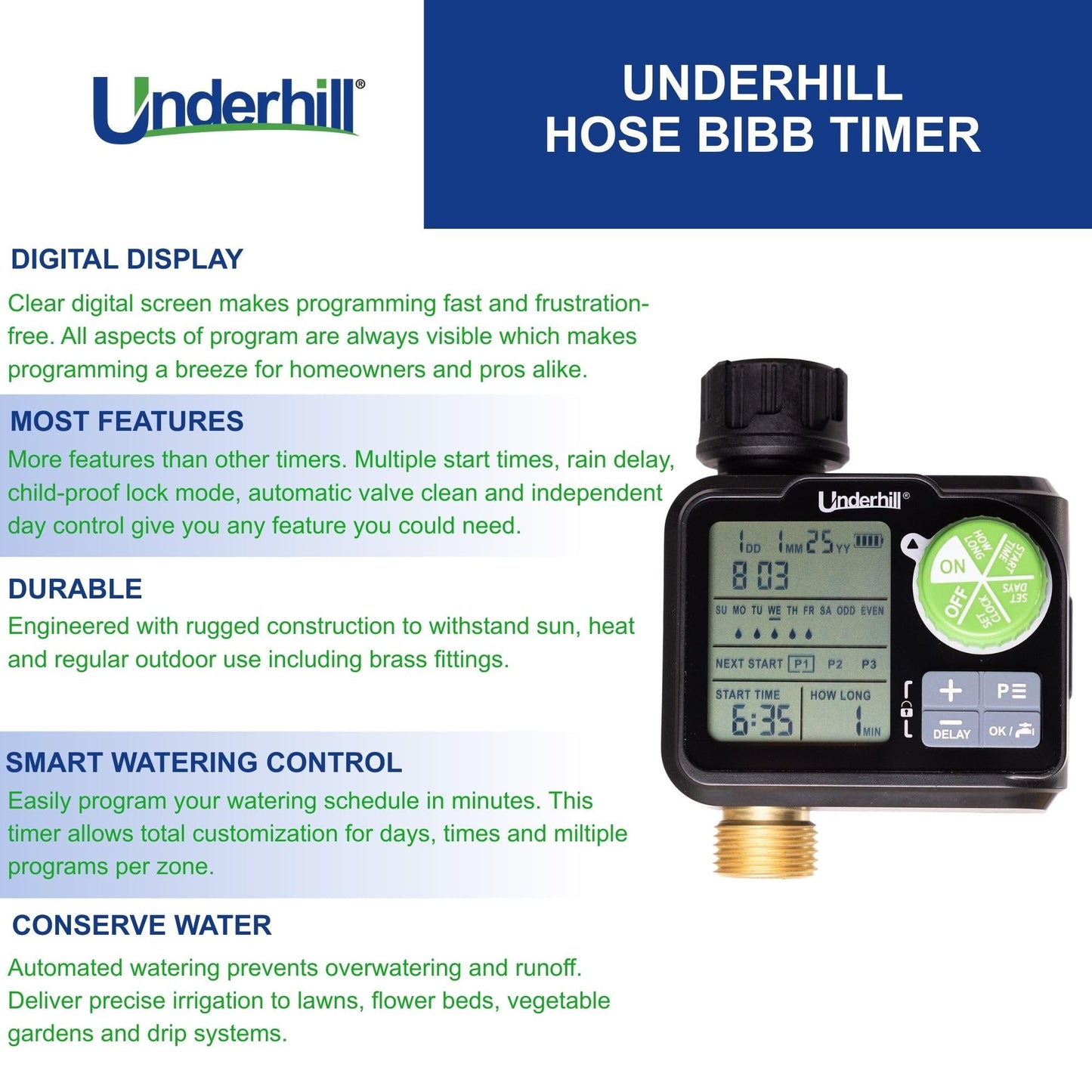Underhill AquaVision Digital Hose Timer, Dual Zone Automatic Garden Water Timer with LCD Display, Programmable Irrigation Controller for Sprinklers, Drip Systems & Garden Hose Faucets