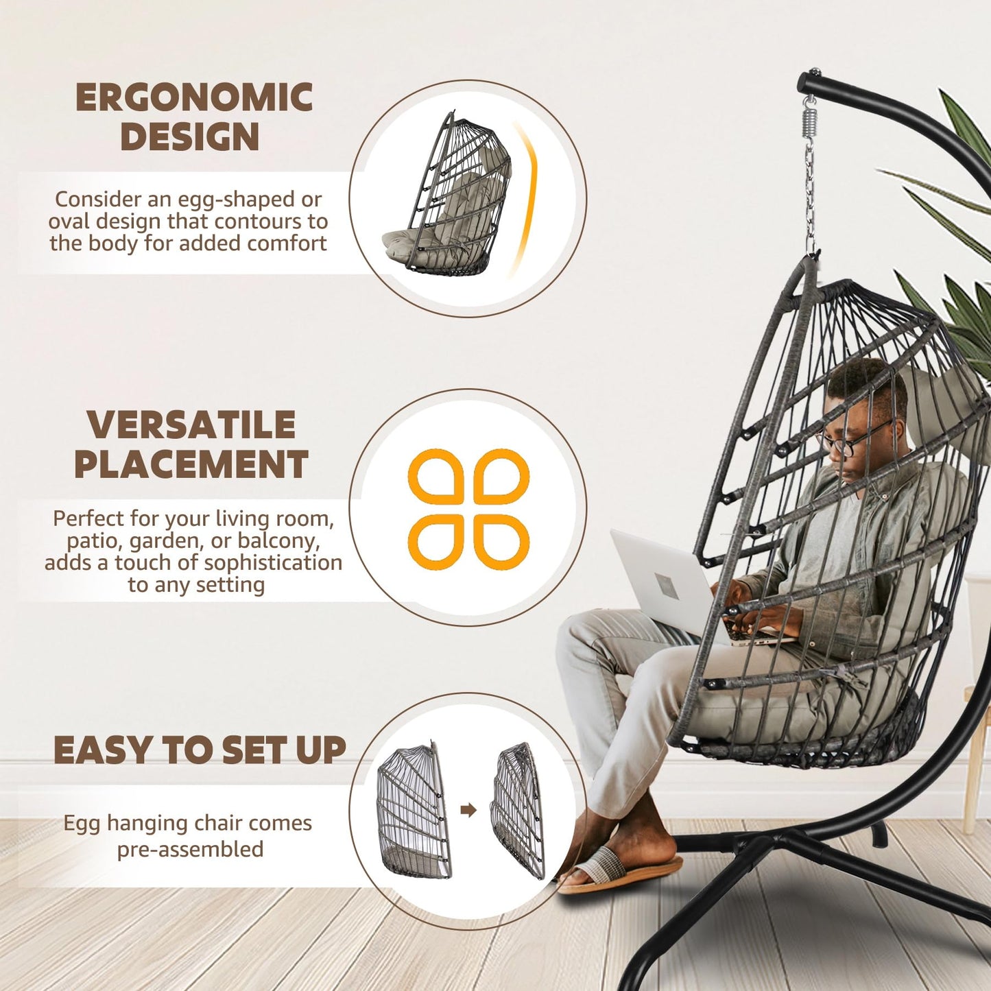 Chihee Egg Chair Foldable Wicker Rattan Hanging Swing Chair Indoor Outdoor Patio Wicker Chair Hammock Chairs with Stainless Steel Hanging Kit Chain Link UV Resistant Cushion Bedroom Balcony