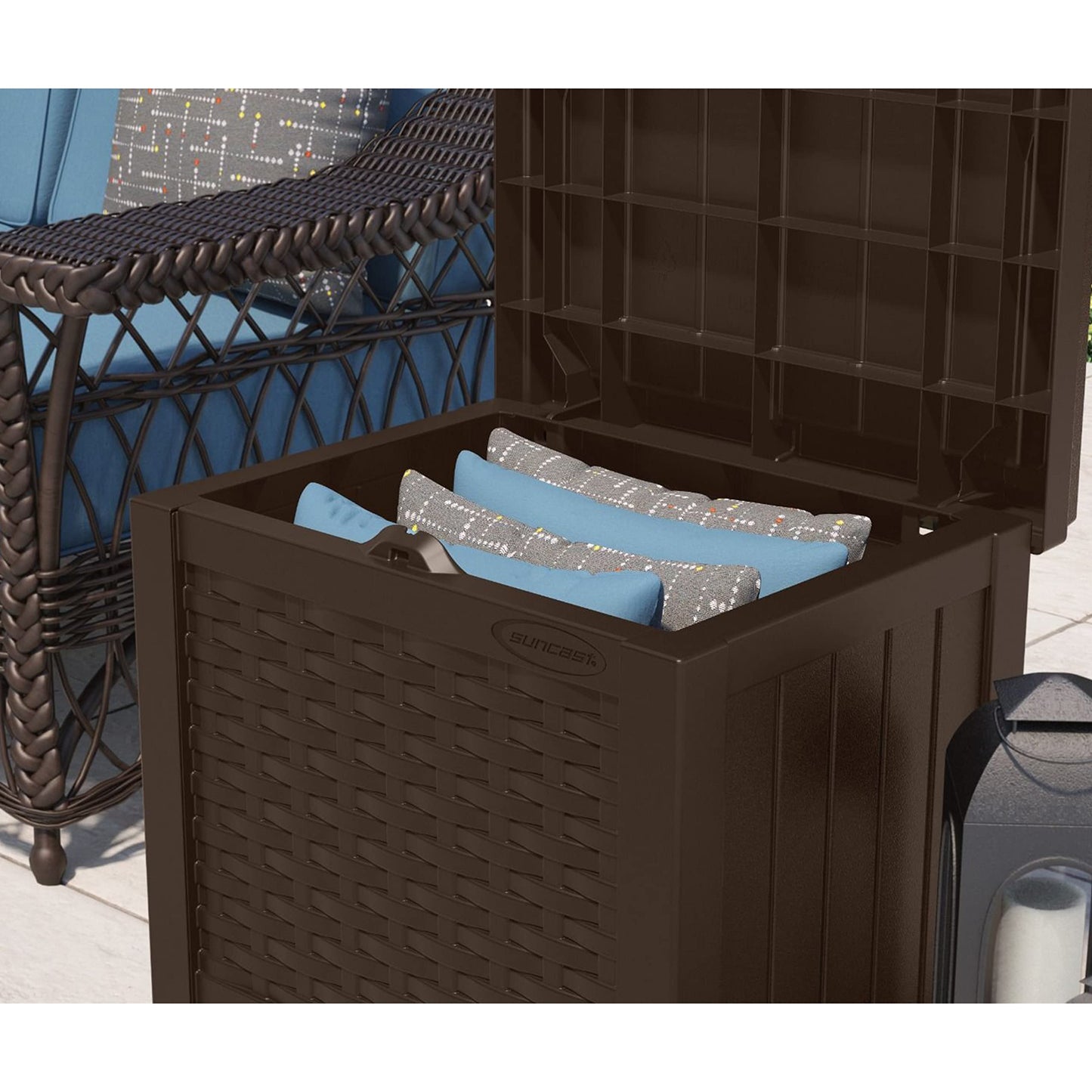 Suncast Small Outdoor Storage Box - 22 Gallon Java Resin Outdoor Deck Box, Flat-Lid Bench Seating, Patio Storage Bin Container for Organizing Tools, Cushions for Porch, Deck, Pool, & Garden