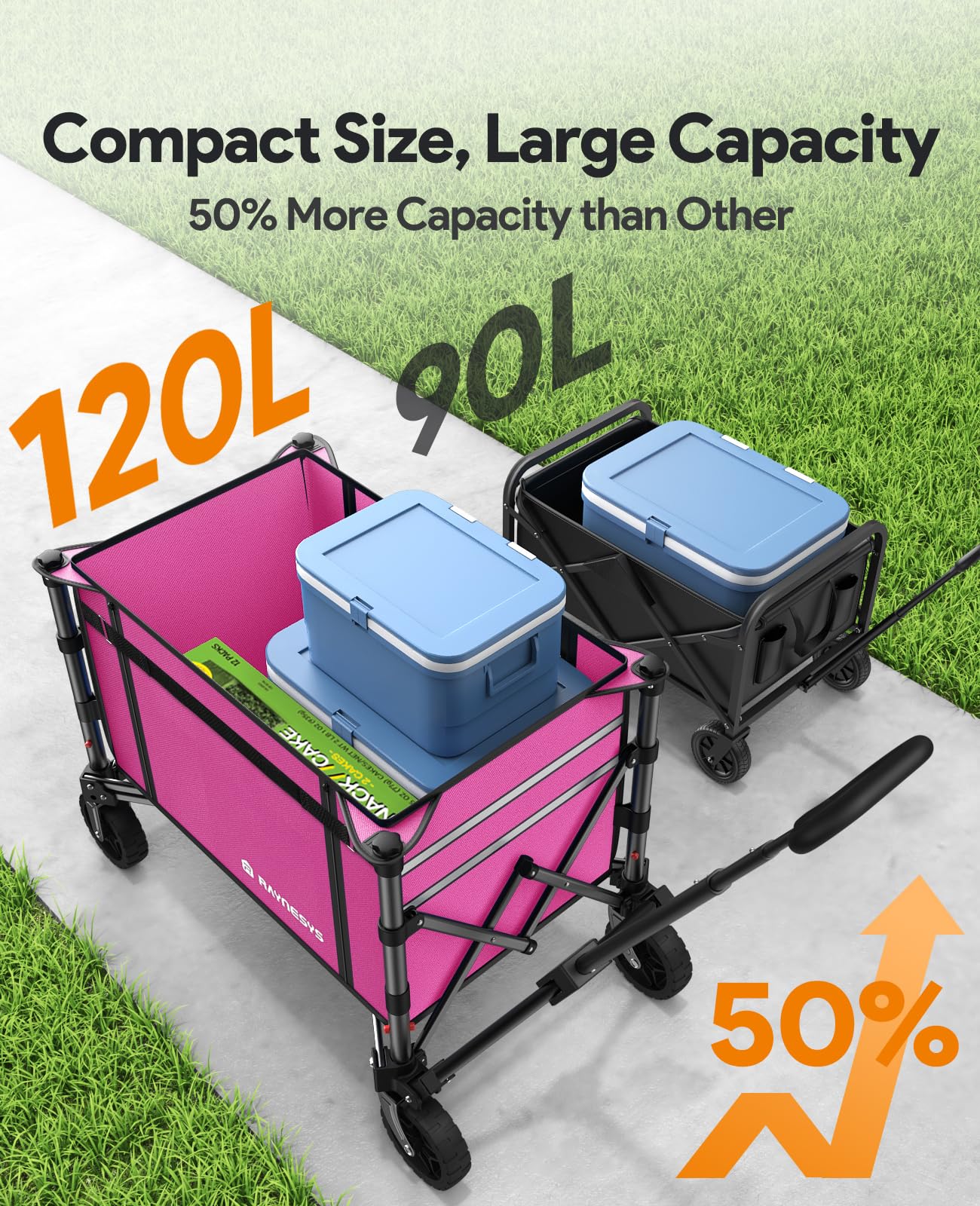 3 in 1 Collapsible Wagon Converts to Bench, 220lbs Foldable Wagon Cart with Wheels, 120L Shopping Cart for Groceries Folding Utility Wagon for Beach, Garden, Camping, Sport, Wheelbarrows, Pink