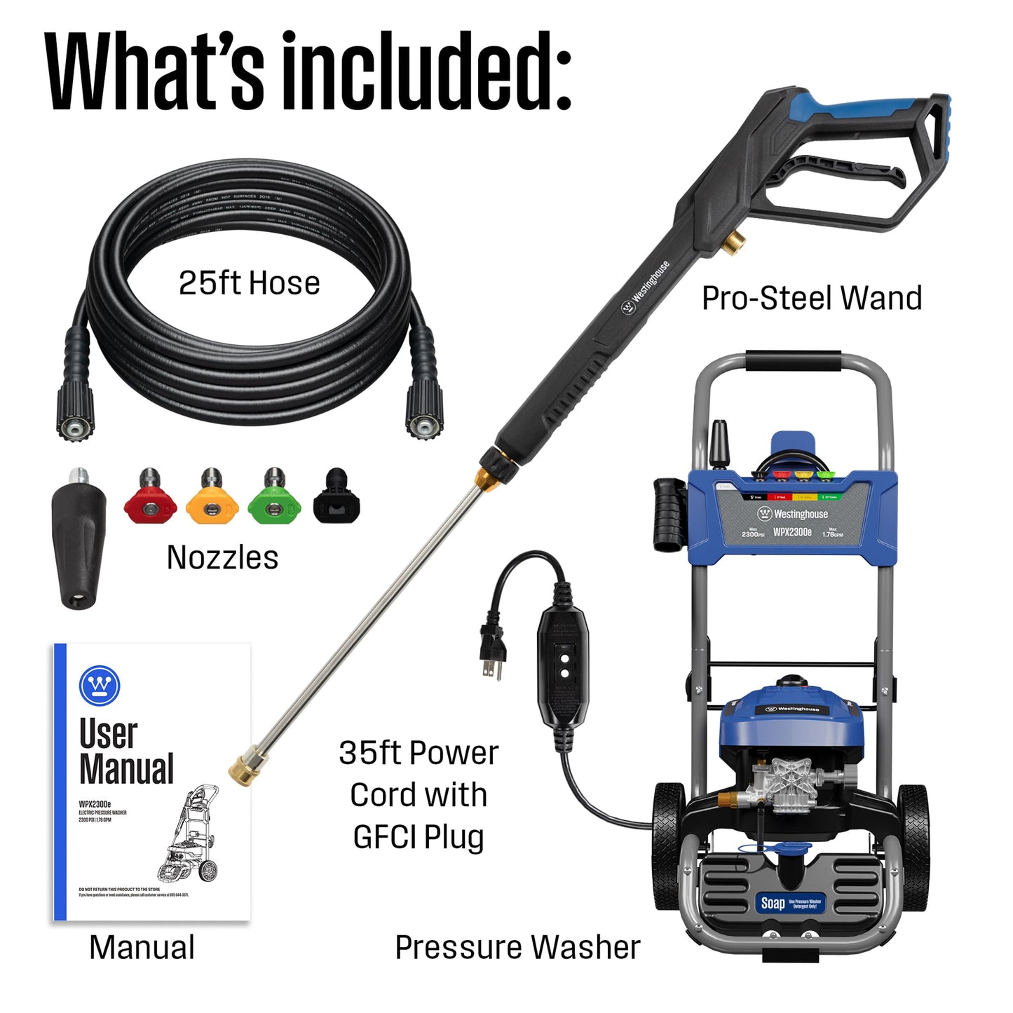 Westinghouse WPX2300e Electric Pressure Washer, 2300 Max PSI and 1.76 Max GPM, Induction Motor, Onboard Soap Tank, Spray Gun and Wand, 5 Nozzle Set, for Cars/Fences/Driveways/Homes/Patios/Furniture