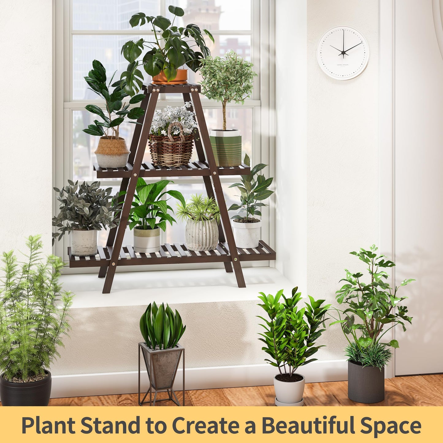 Furshus Plant Stand Indoor, Outdoor bamboo Plant Rack for Multiple Plants, 3 Tier 8 Potted Flower Holder Ladder,Plant Shelf Ladder Table Plant Pot Stand for Living Room, Patio, Balcony (Brown)