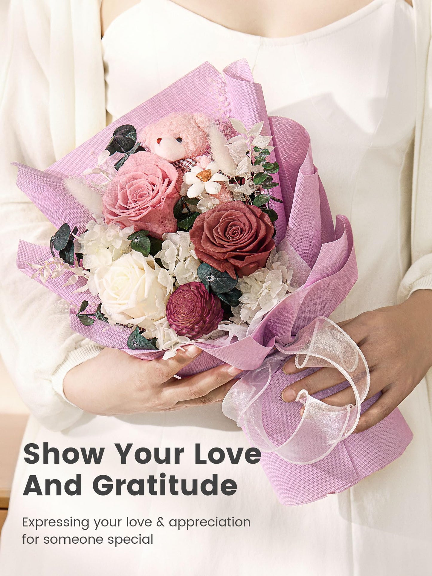 Polylove Forever Flower Bouquet Flowers for Delivery Prime Preserved Roses with Bear Gift Box for Wife Women Mother Day Anniversary Birthday (Purple)