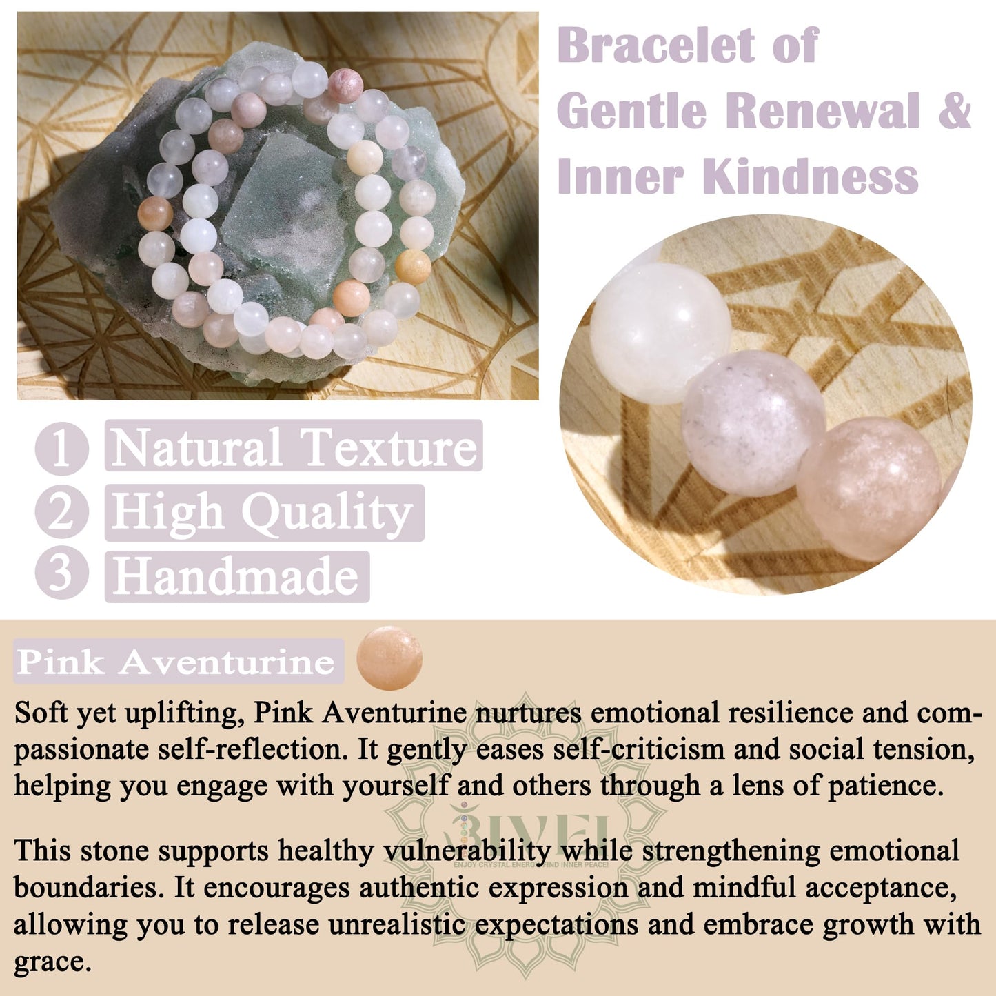 Bivei Natural Gemstone Semi Precious Healing Crystals Handmade Stretchy Round Beads Bracelet, Enhance Positive Energy,Stocking Stuffers for Women(Pink Aventurine (Balance & Harmony)(Small))