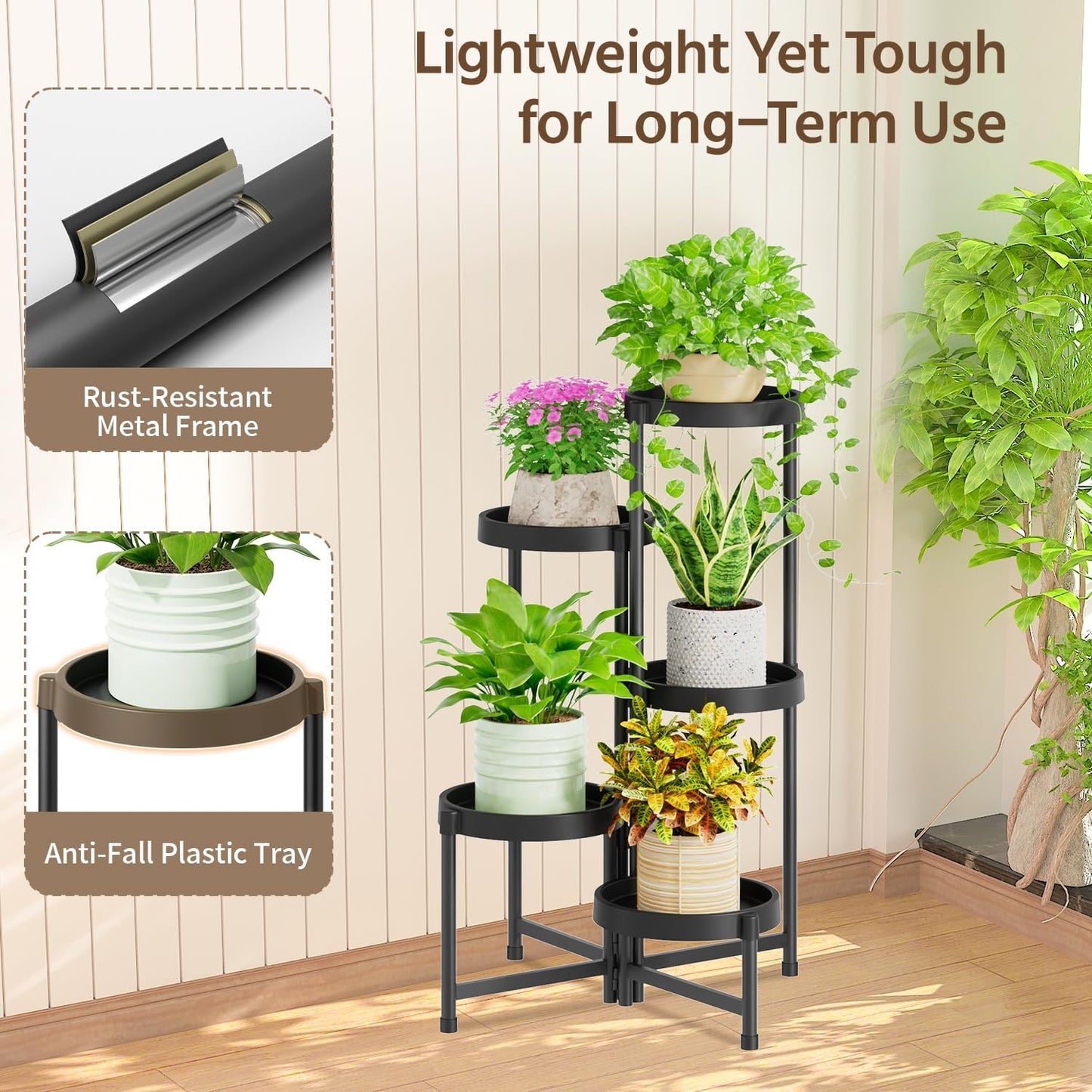 LASZOLA 5 Tiered Plant Stand Indoor Outdoor with Plastic Tray, Corner Folding Tall Flower Display Rack, Modern Plant Holder Shelf for Outdoor Patio Porch Garden Office Living Room, Black