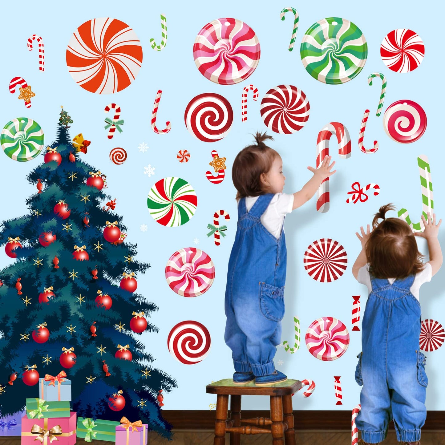 83 Pcs Peppermint Floor Decals Stickers Set Self Adhesive Candy Cane Stickers for Christmas Candy Party Decoration