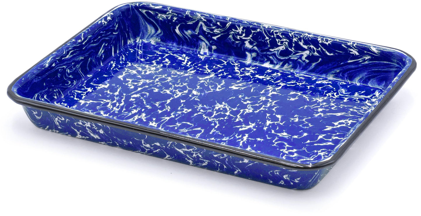 Red Co. 11" x 9" Enamelware Metal Classic 2 Quart Rectangular Serving Tray, Navy Blue Marble/Black Rim - Splatter Design