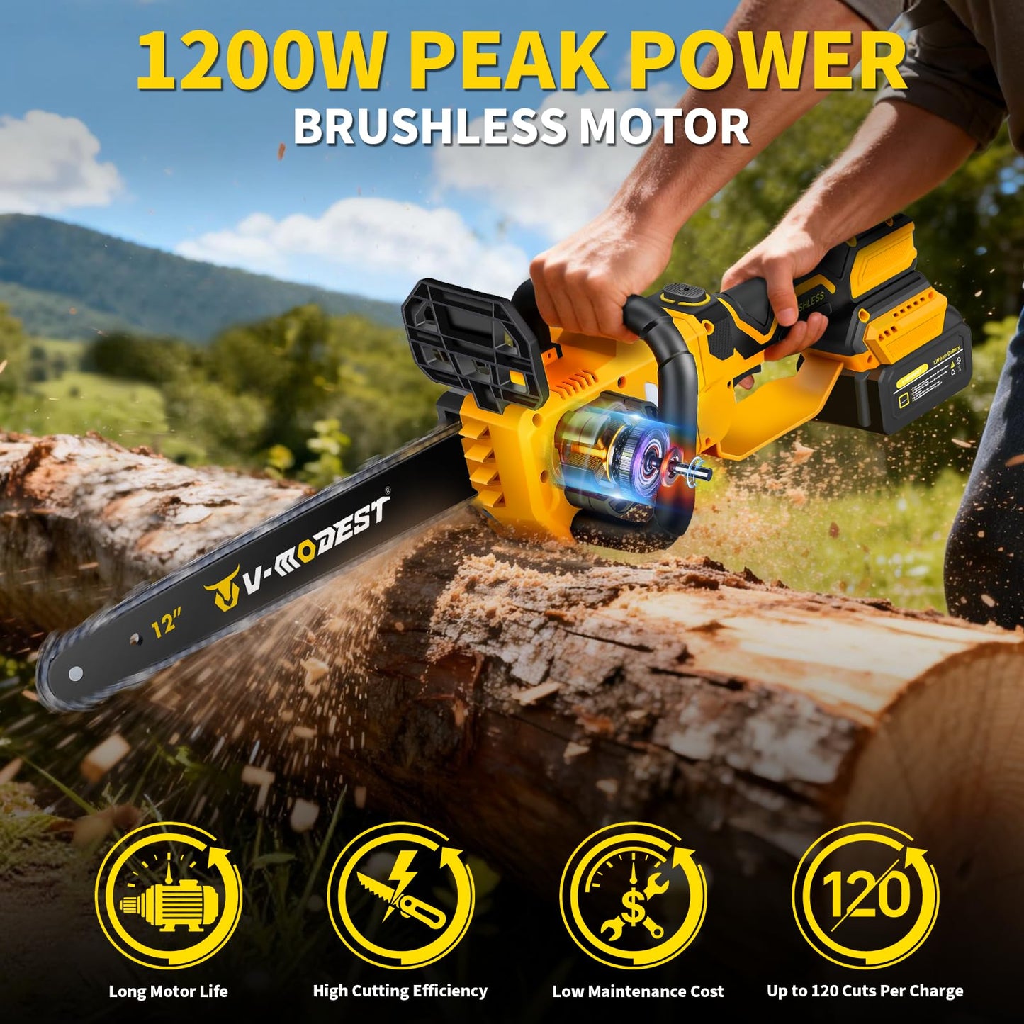 V-MODEST 21V Brushless Telescopic Chainsaw - 12" Lightweight Battery Powered Chainsaw，Cordless Electric Chain Saw with 2 x 4.0Ah Lithium-ion Batteries Chainsaws for Tree Trimming, Branch Pruning