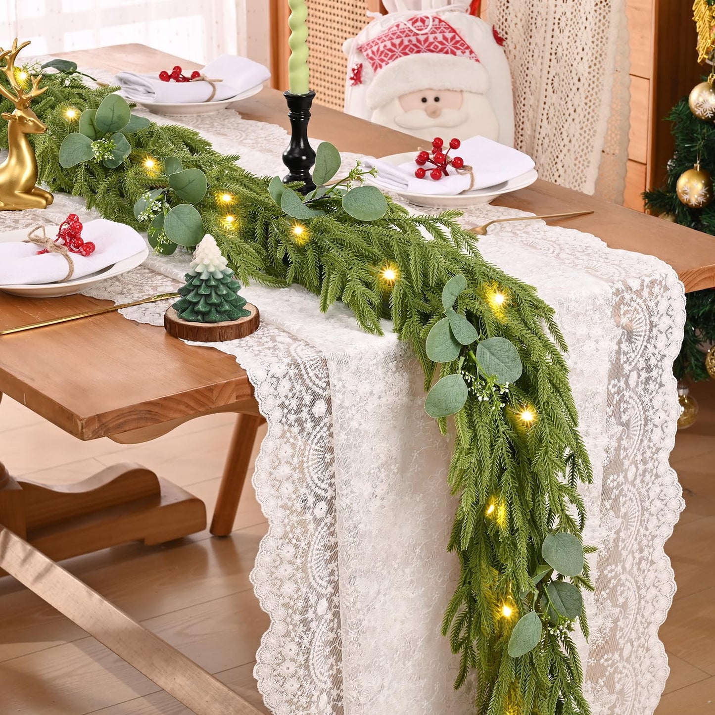 Waipfaru Christmas Norfolk Pine Garland with Lights, 6FT Real Touch Pine Christmas Decoration, Artificial Faux Cedar for Home Decoration