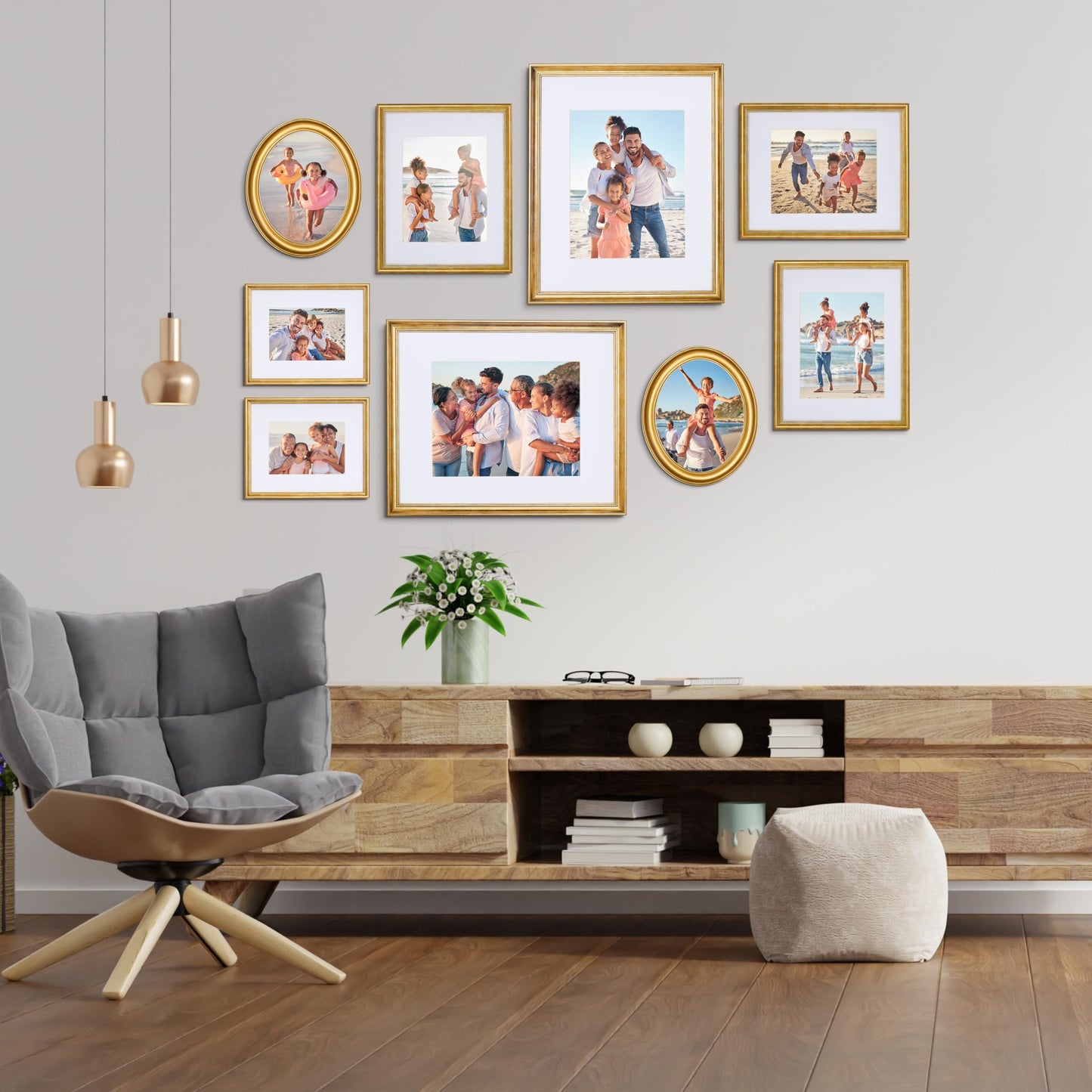 Camden Reed Mixed Gallery Wall Frame Set, (2) 16x20 Inch, (1) 11x14 Inch, and (2) 8x10 Inch, 9 Piece, Brass