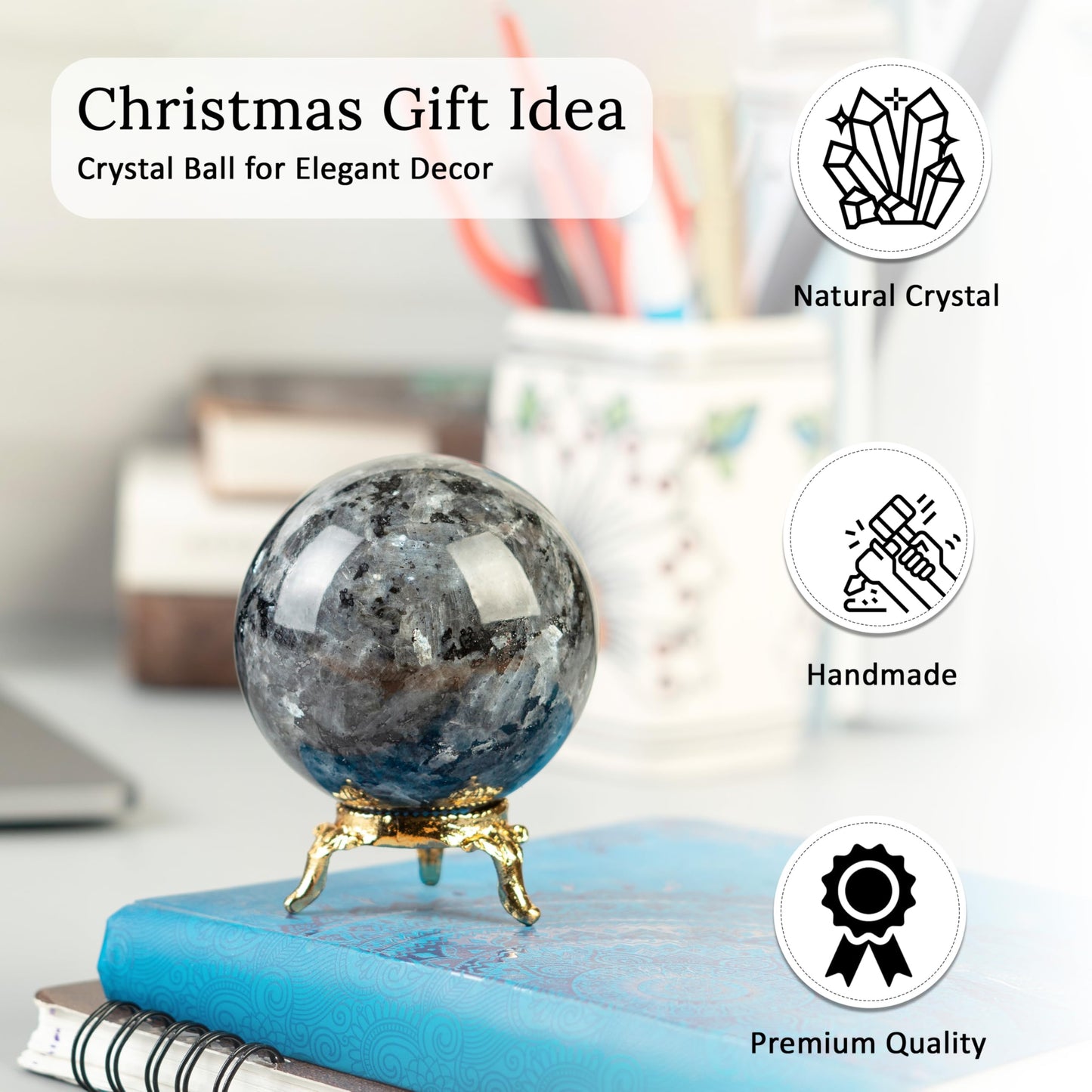Crocon 50mm Larvikite Stone Sphere Ball with Metal Stand 1400+ Carats Gemstone Ball Healing Sphere Sculpture Figurine for Fengshui Divination Home Decoration Photography Crystal Sphere