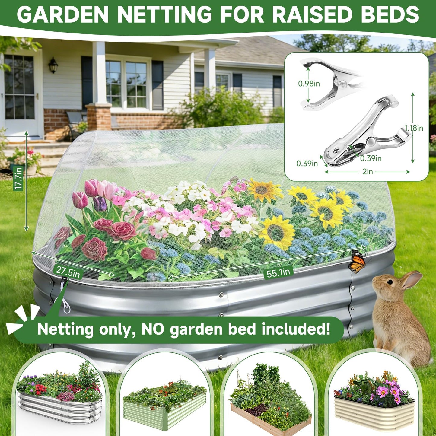 Garden Netting for Raised Beds 2 Pack, Raised Garden Bed Plant Netting Cover Mesh for Garden Protection, Rectangular Bird Netting Pest Barrier Screen Insect Net for Vegetables Fruits, 4x2x1ft, White