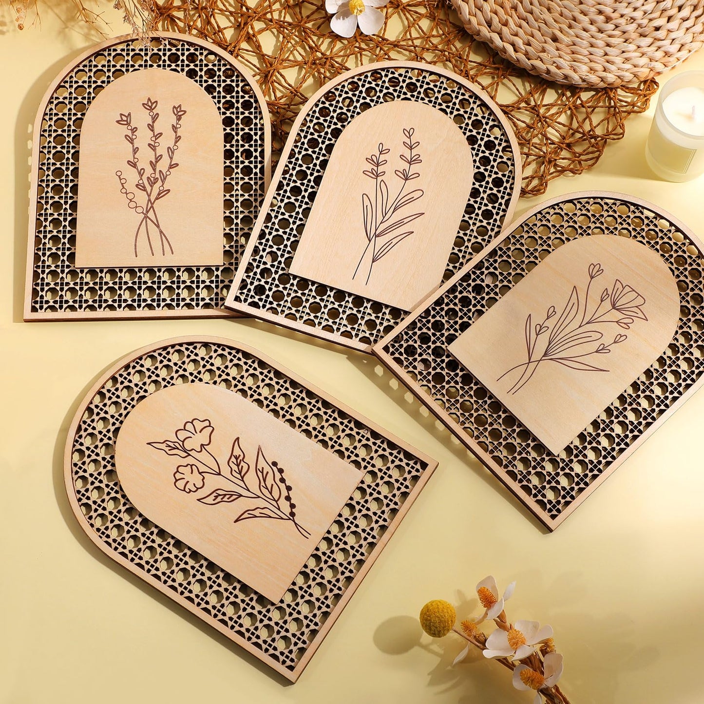 Wesiti 4 Pcs Rattan Wooden Boho Wall Decor Floral Natural Room Wall Art Aesthetic Nursery Farmhouse Hanging Decor for Bedroom Living Room Office
