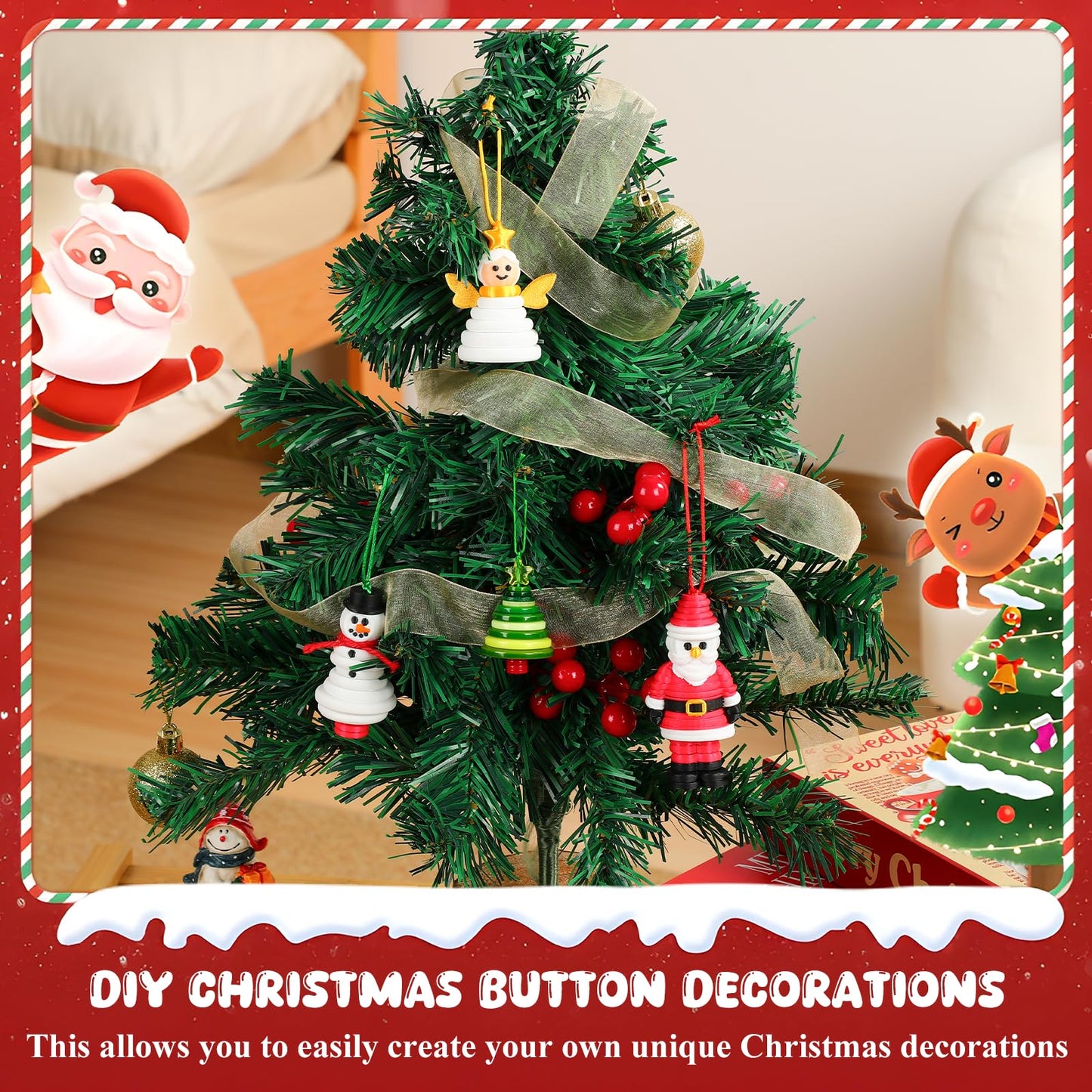 Button Christmas Tree Ornament Kits, DIY Christmas Button Ornament Making Set,Fun Christmas Buttons Crafts Making Set,Tree Hanging Decorations(2PCS-B)
