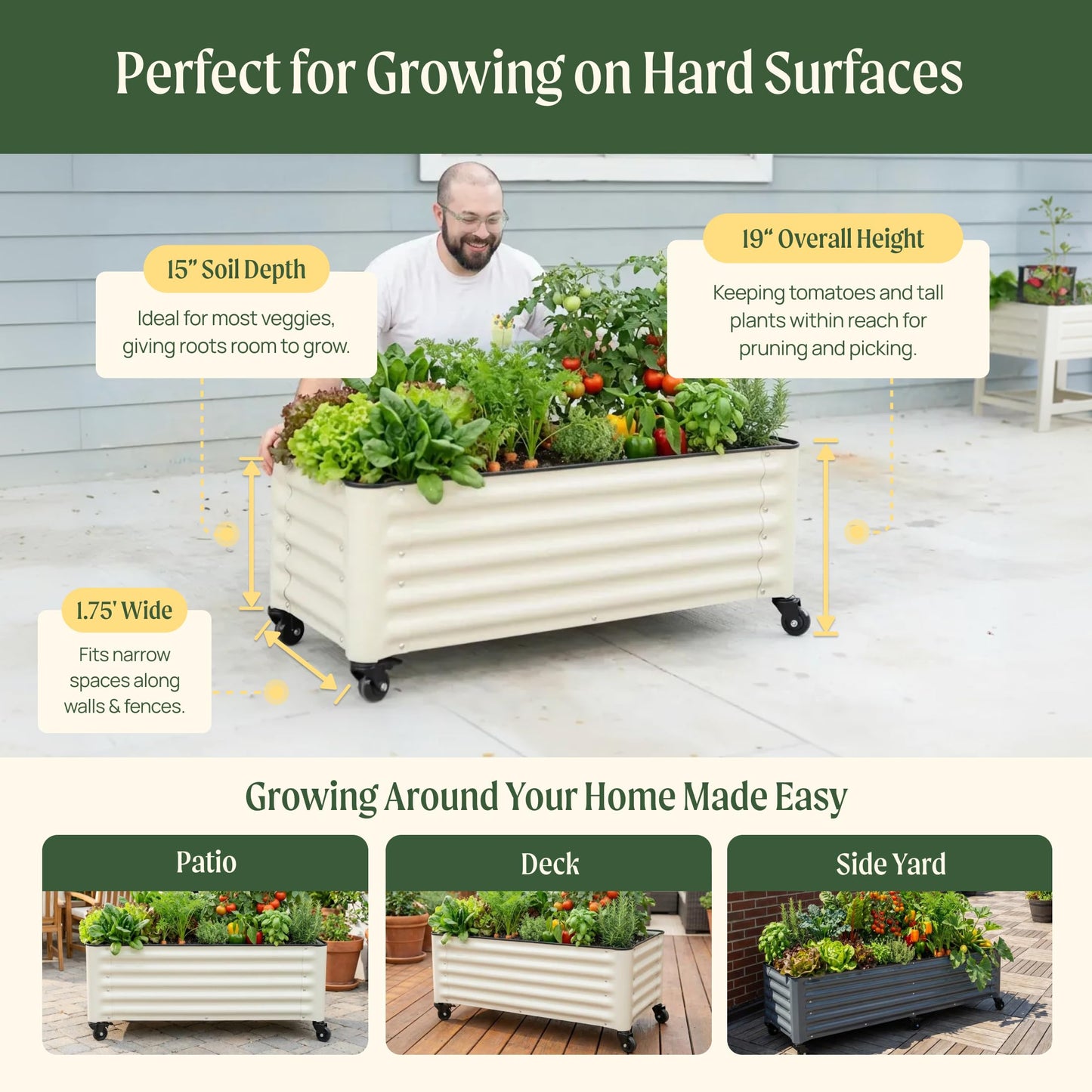 Vego garden Classic Rolling Citrus Tree Planter – 1.75' Mobile Metal Raised Garden Bed for Patio, Deck, Balcony – Deep Planting Space, Durable & Easy to Move (Modern Gray, 1.75'X1.75')